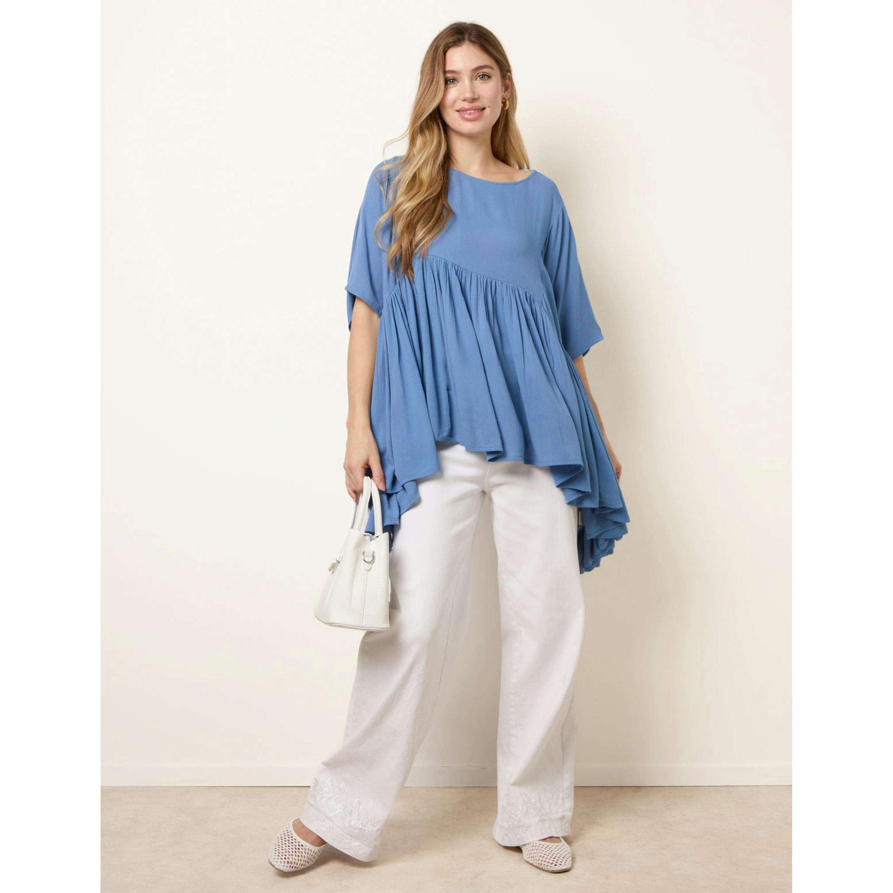 Blue Vanilla Gathered Oversized Top  in Blue , view 1 of 4