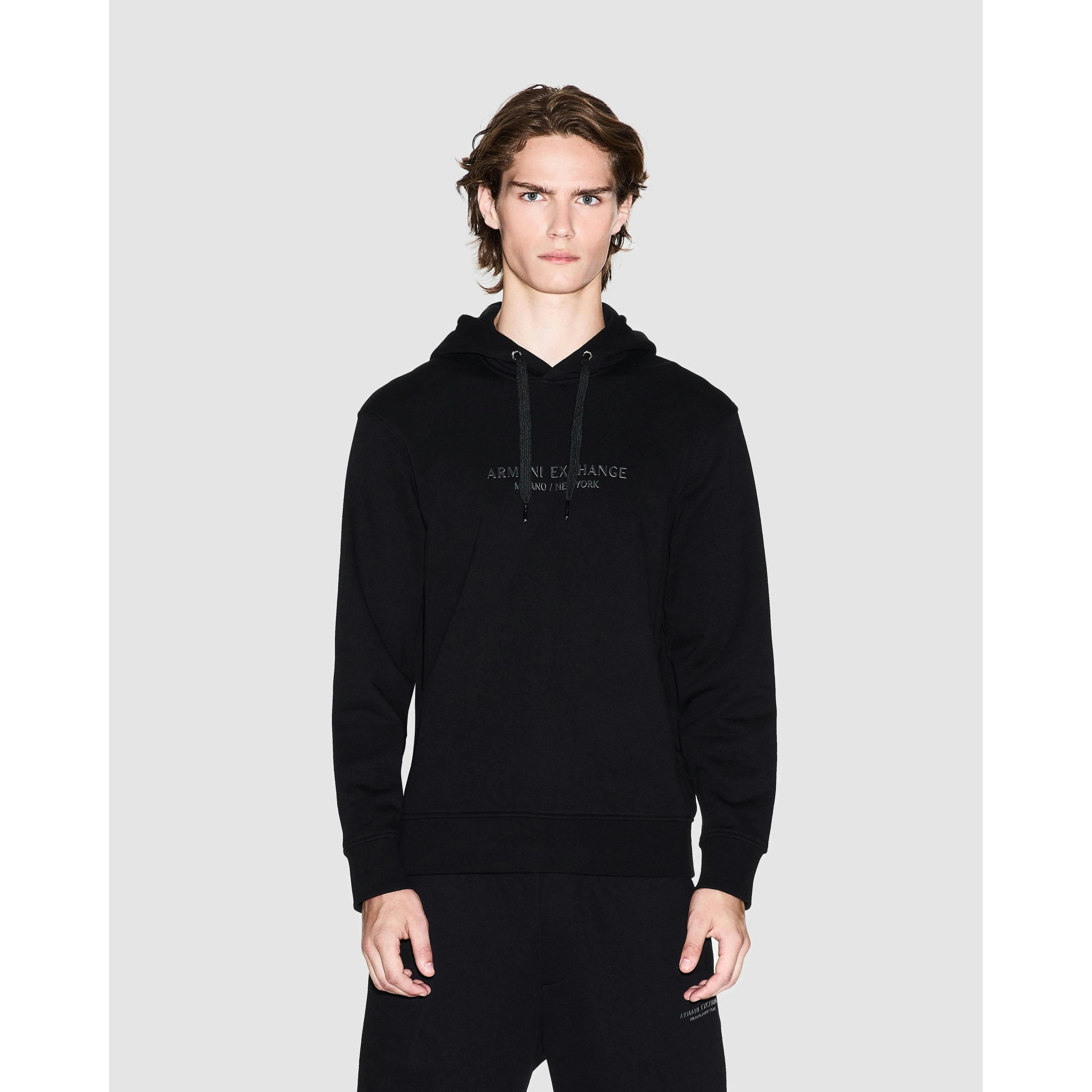 Armani Exchange Tonal Milano/New York Logo Hoodie  in Black , view 1 of 4