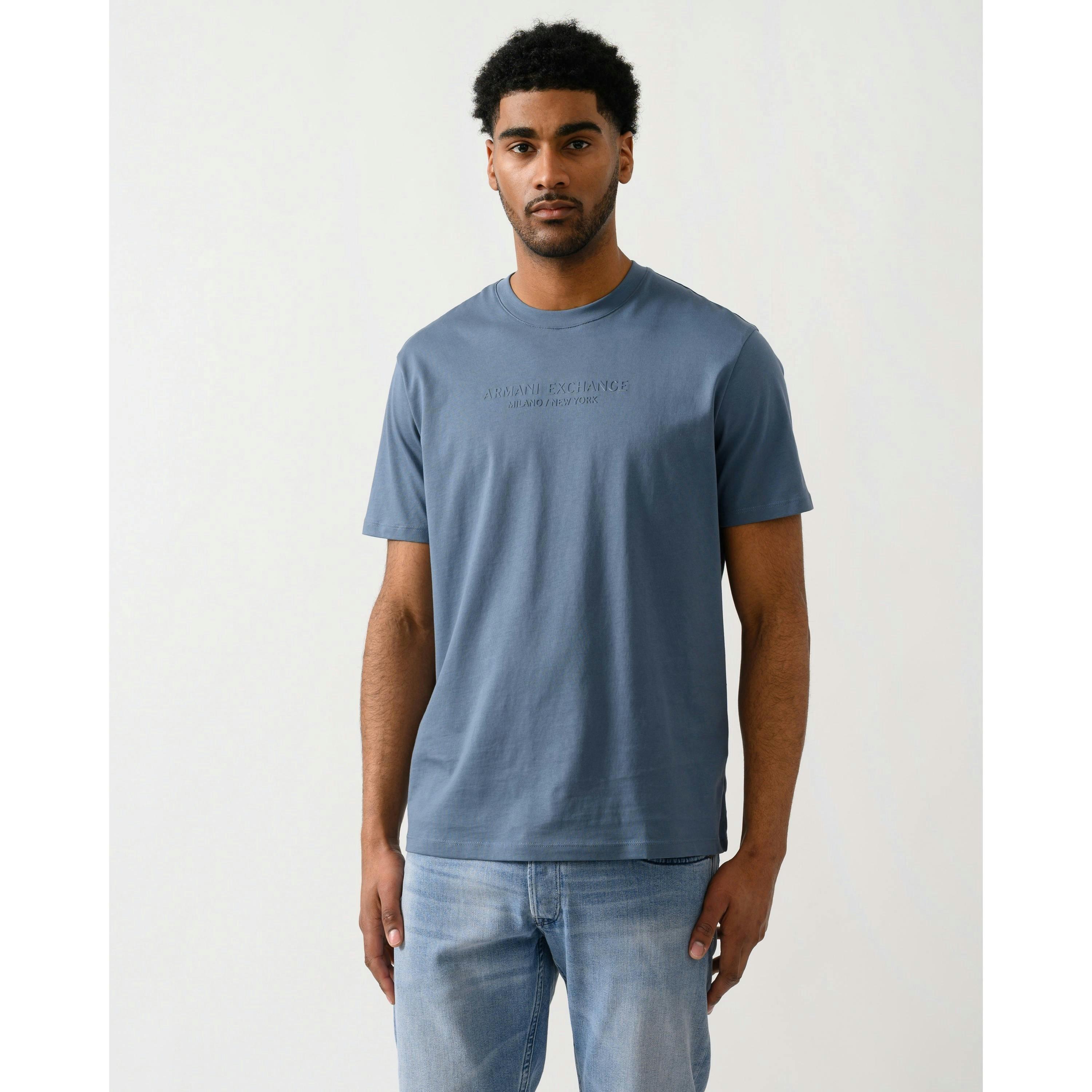 Armani Exchange Tonal Milano/New York Logo T-Shirt  in Blue , view 1 of 4