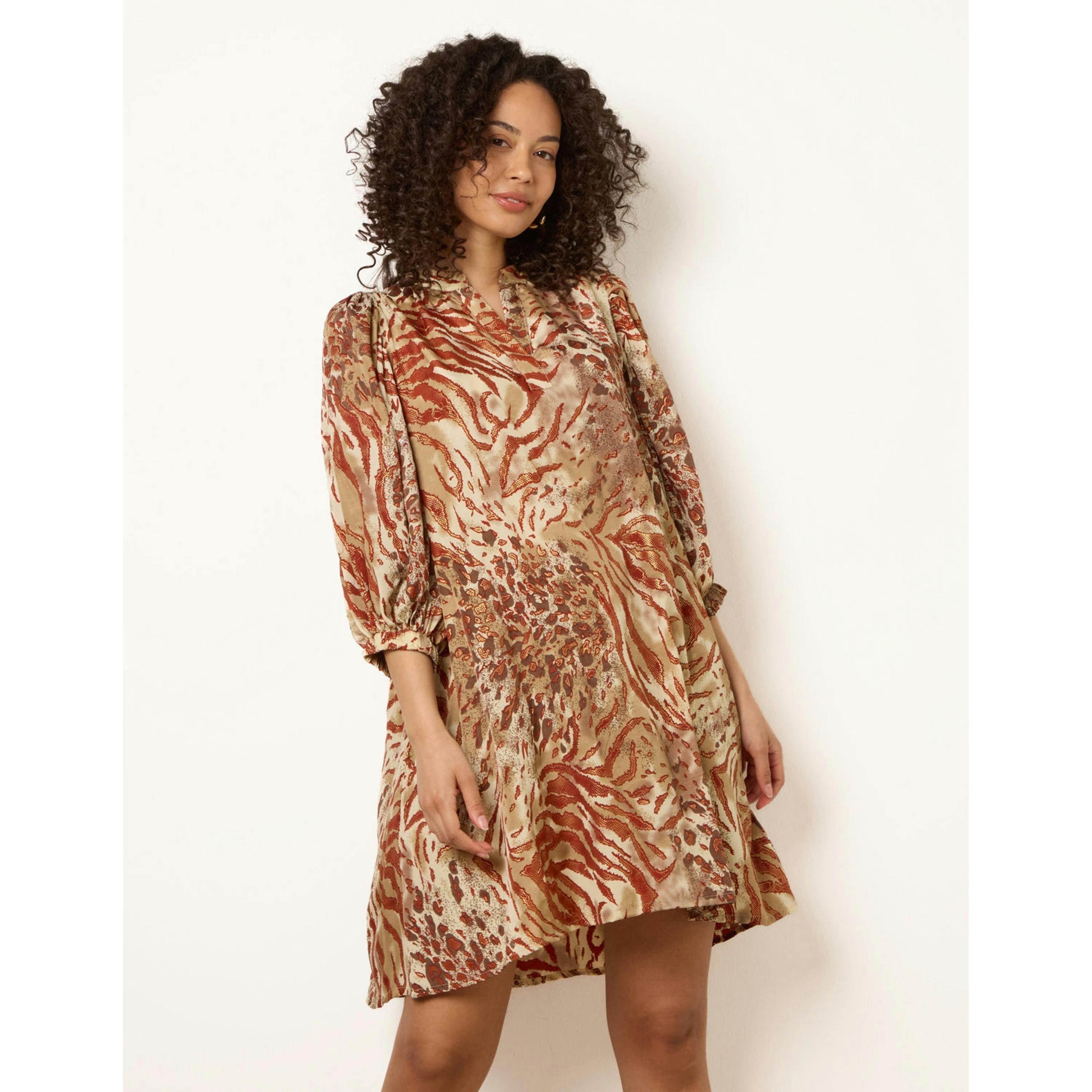 Blue Vanilla Puff Sleeve Metallic Animal Print Puff Sleeve Tunic Dress  in Brown , view 1 of 4