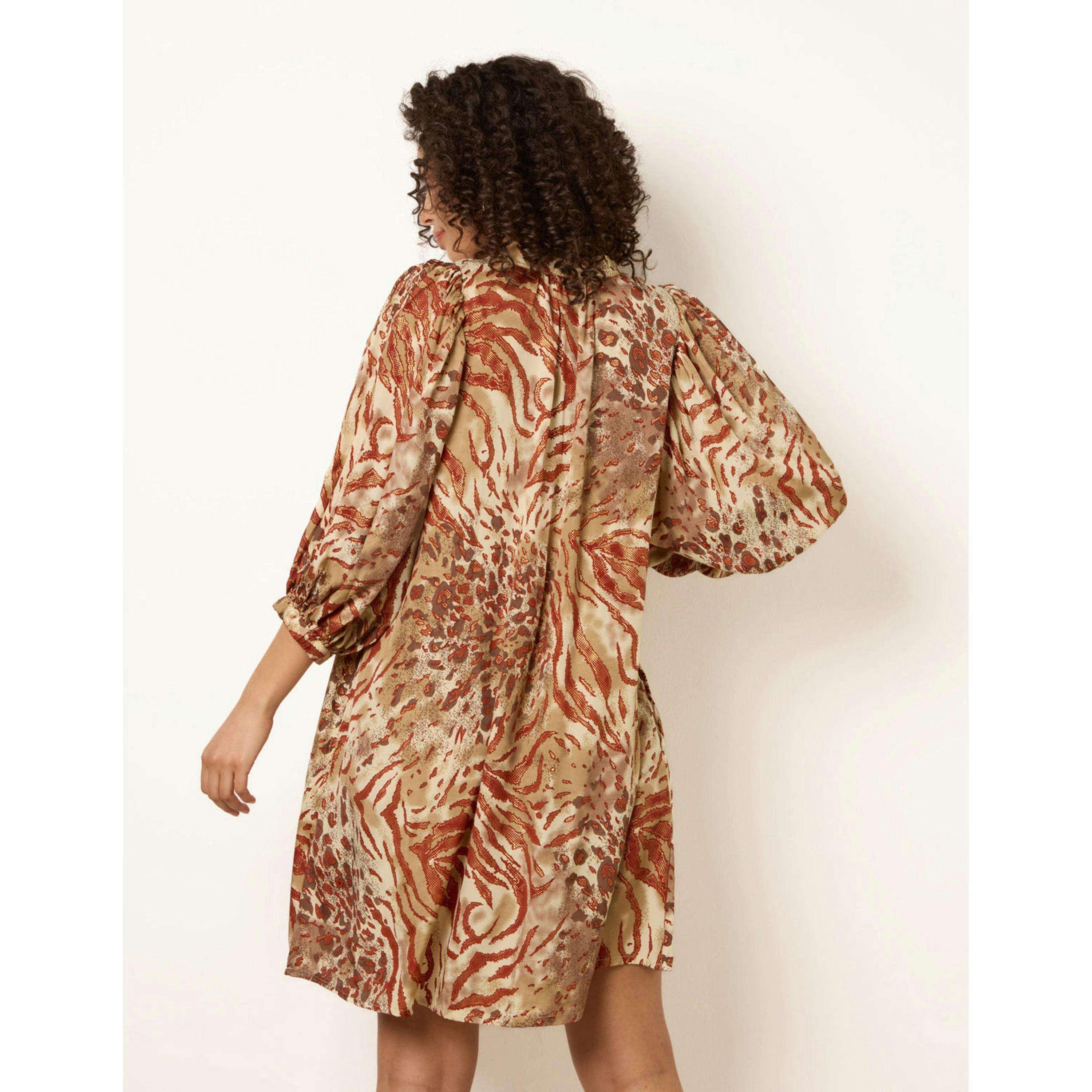 Blue Vanilla Puff Sleeve Metallic Animal Print Puff Sleeve Tunic Dress  in Brown , view 2 of 4