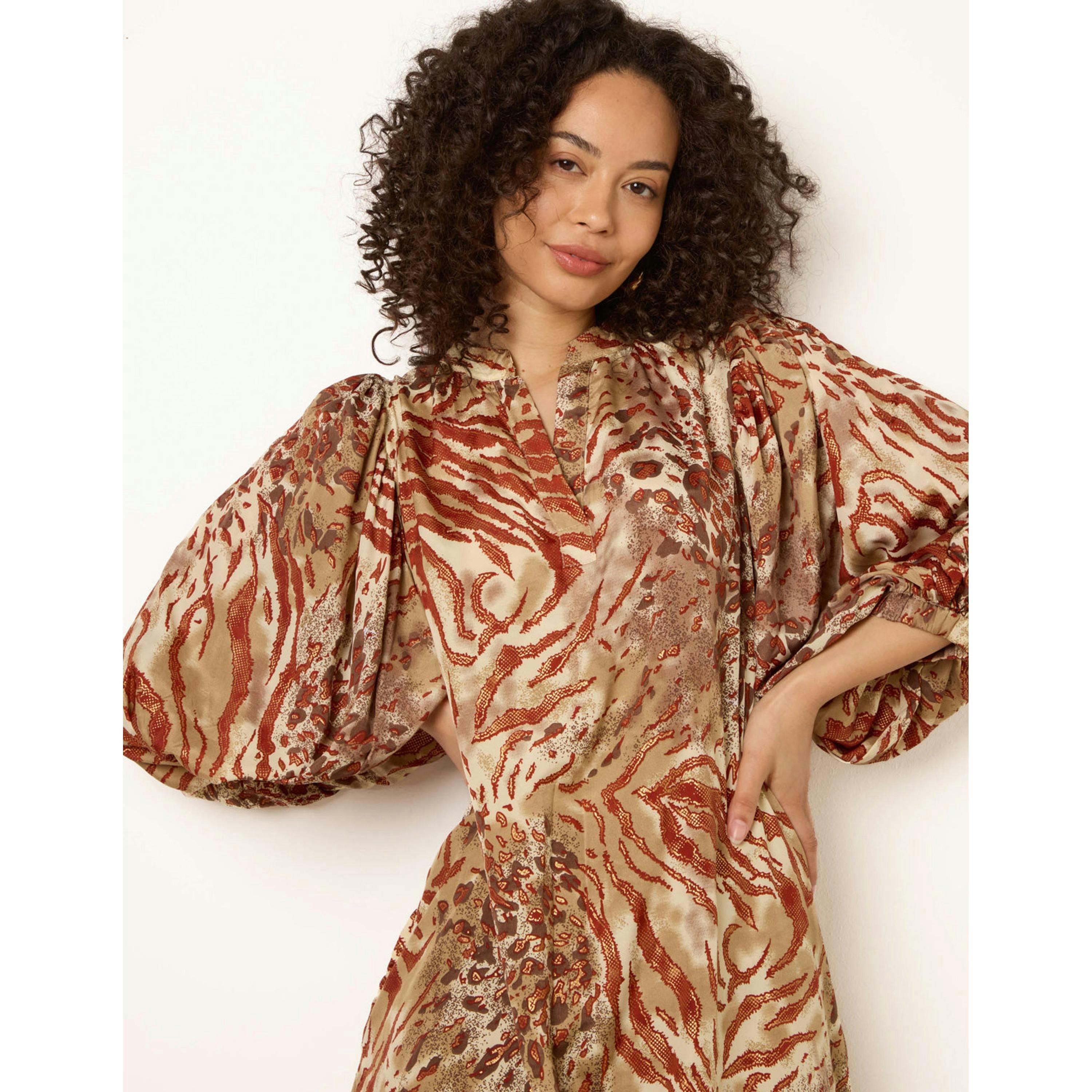 Blue Vanilla Puff Sleeve Metallic Animal Print Puff Sleeve Tunic Dress  in Brown , view 3 of 4
