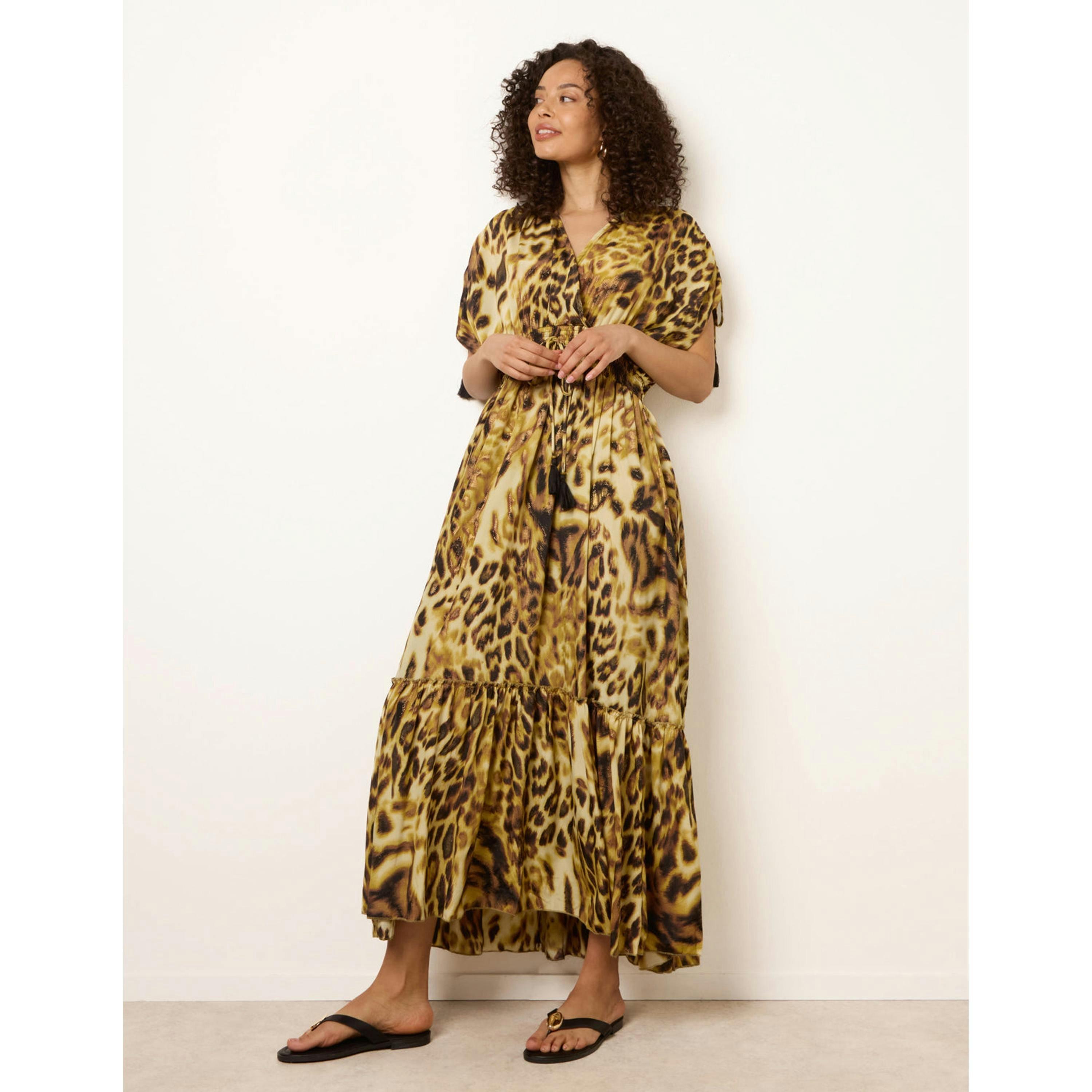 Blue Vanilla Animal Print Cross Over Channel Sleeve Kimono Maxi Dress  in Brown , view 1 of 4
