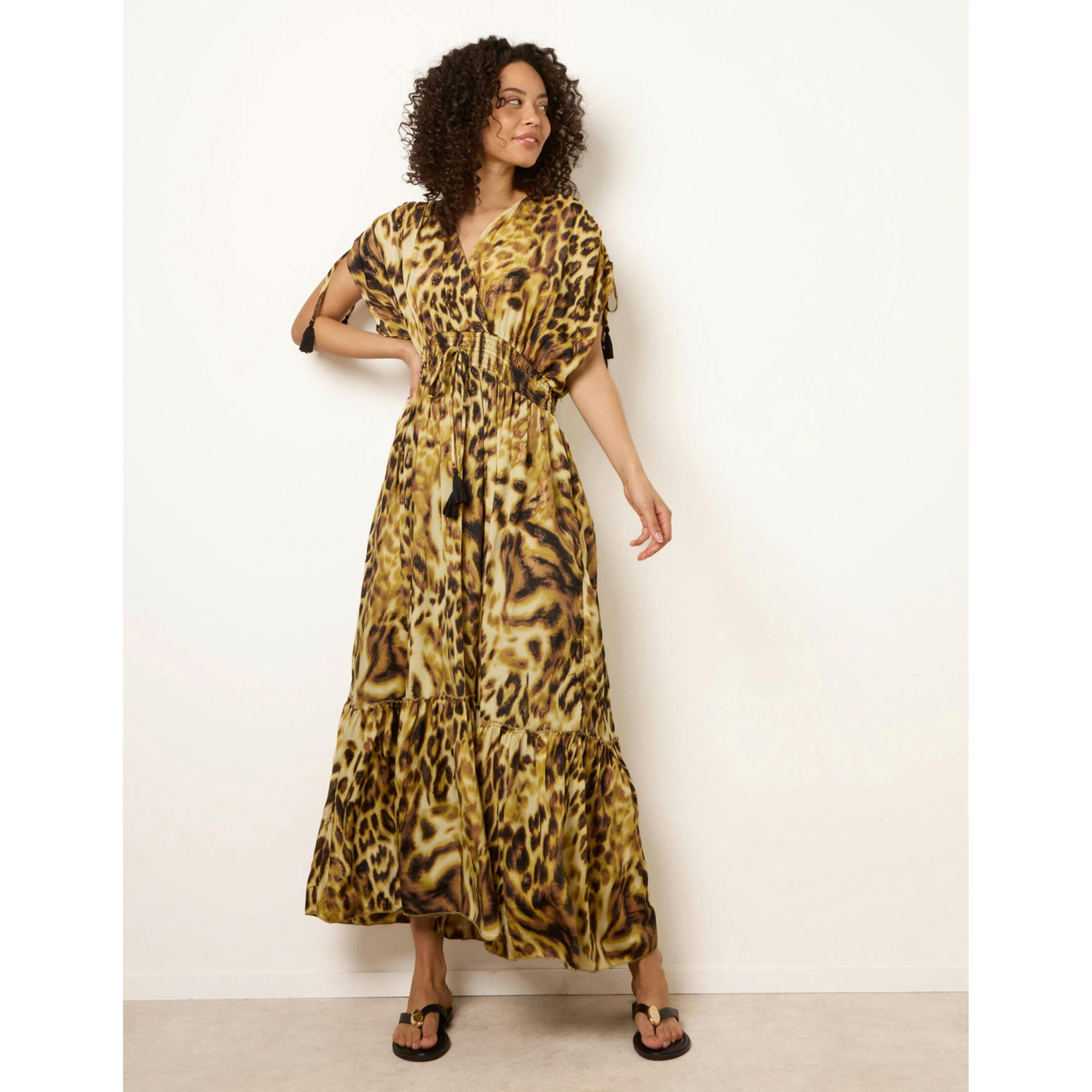 Blue Vanilla Animal Print Cross Over Channel Sleeve Kimono Maxi Dress  in Brown , view 3 of 4