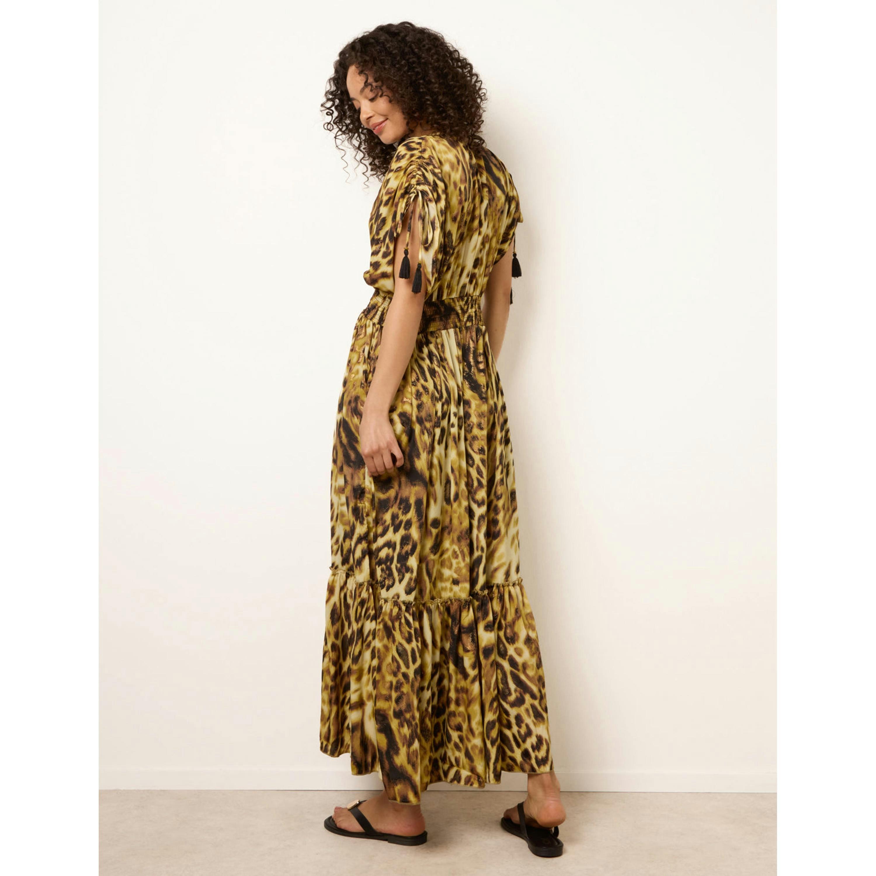Blue Vanilla Animal Print Cross Over Channel Sleeve Kimono Maxi Dress  in Brown , view 4 of 4