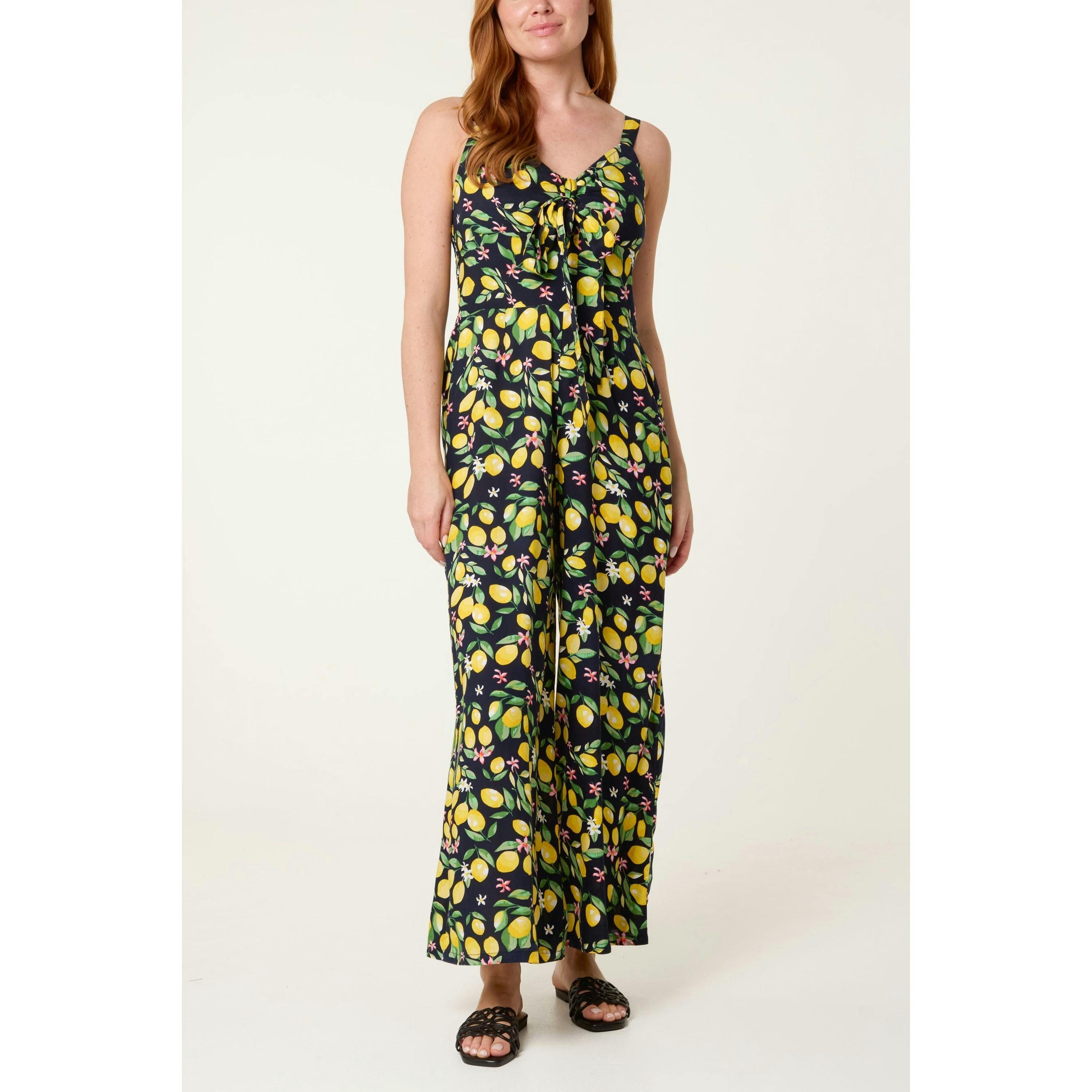 Blue Vanilla Lemon Print Front Tie Jumpsuit  in Yellow , view 1 of 4