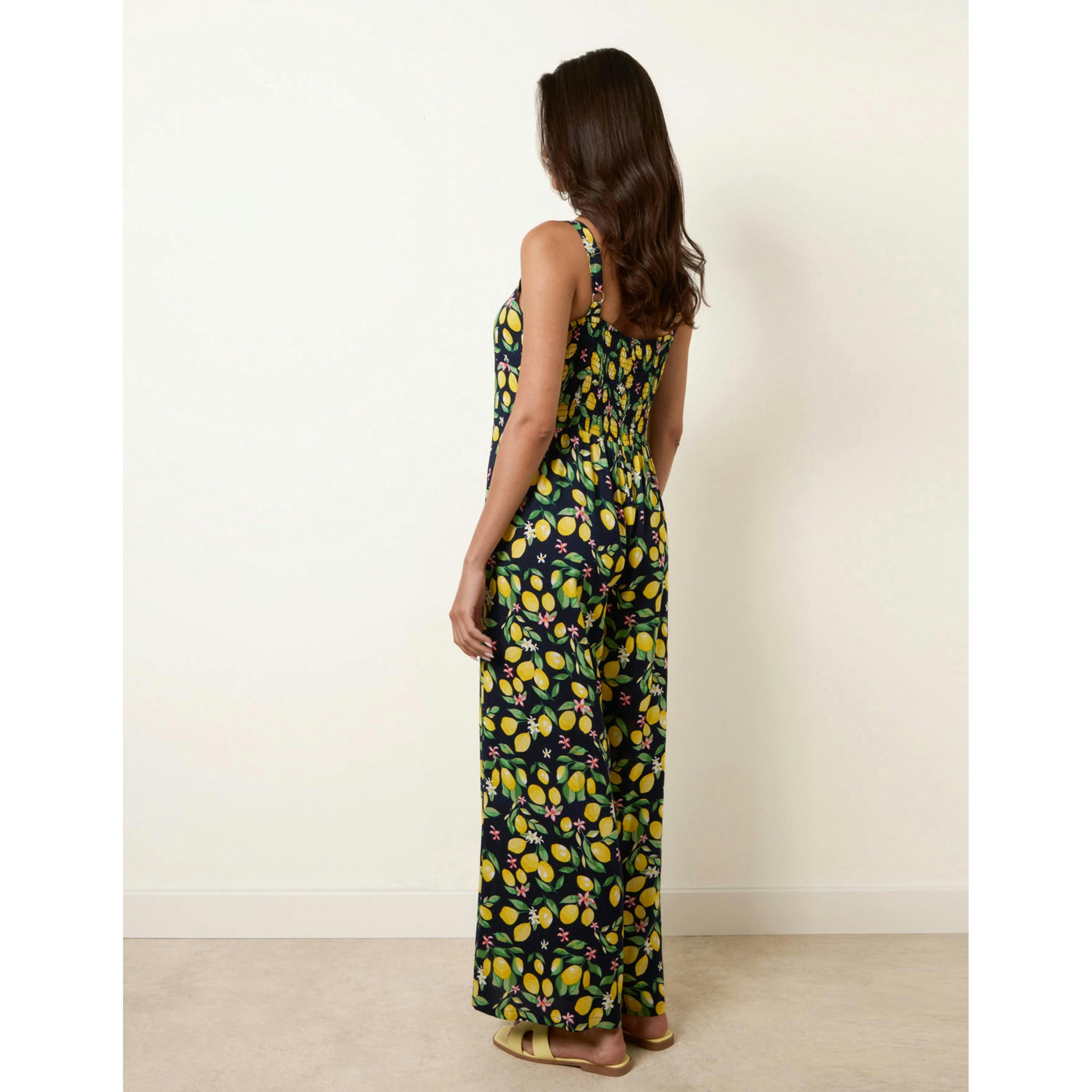 Blue Vanilla Lemon Print Front Tie Jumpsuit  in Yellow , view 2 of 4