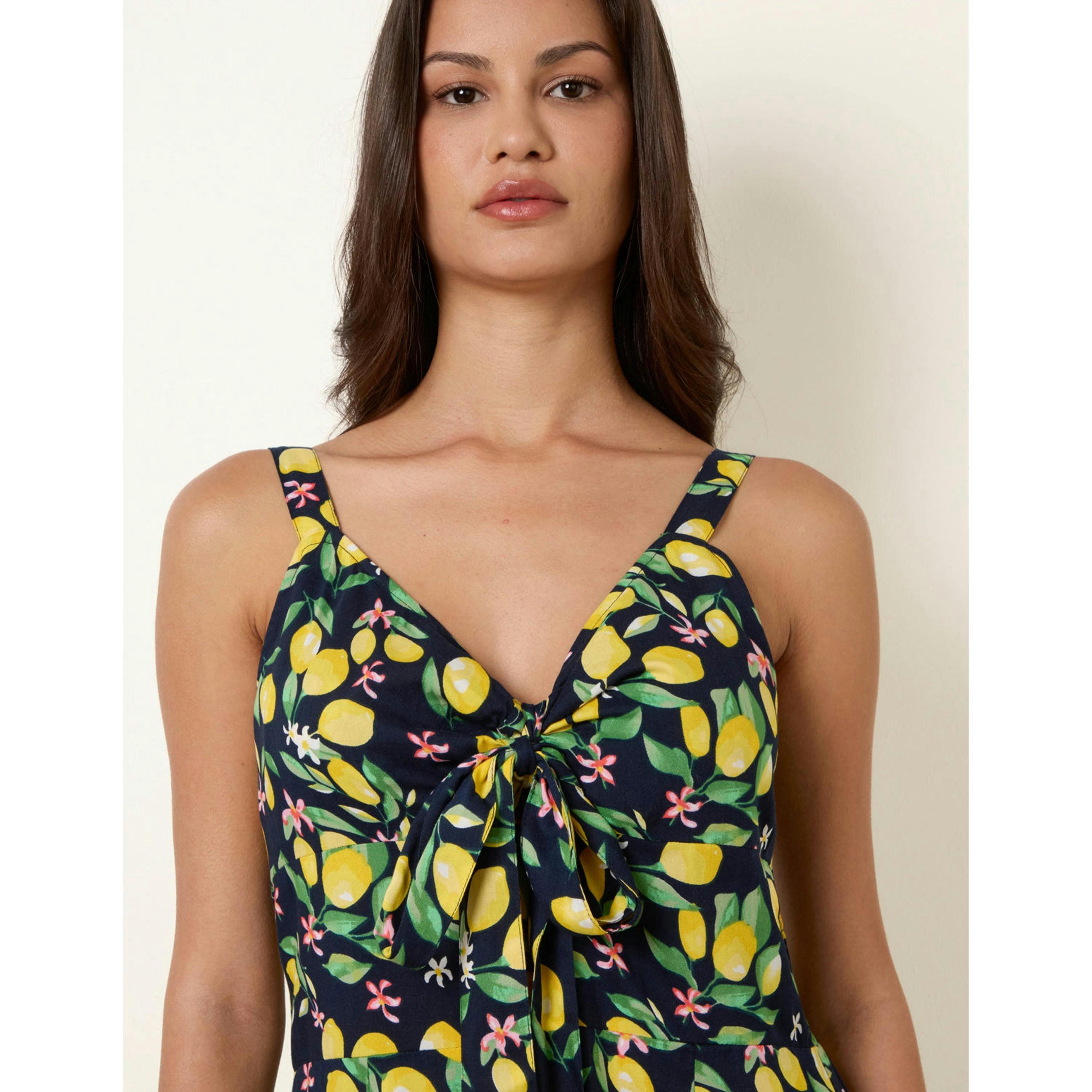Blue Vanilla Lemon Print Front Tie Jumpsuit  in Yellow , view 3 of 4