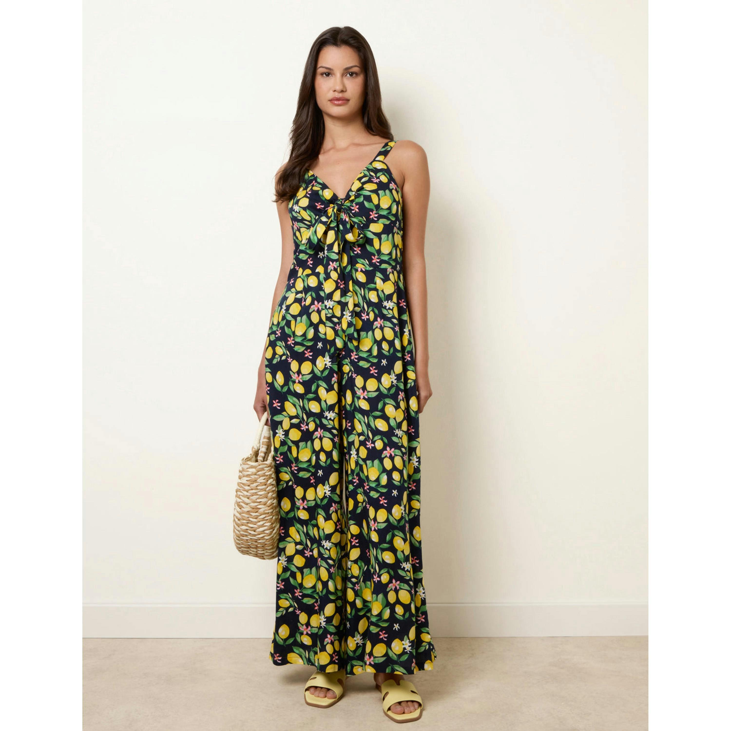 Blue Vanilla Lemon Print Front Tie Jumpsuit  in Yellow , view 4 of 4