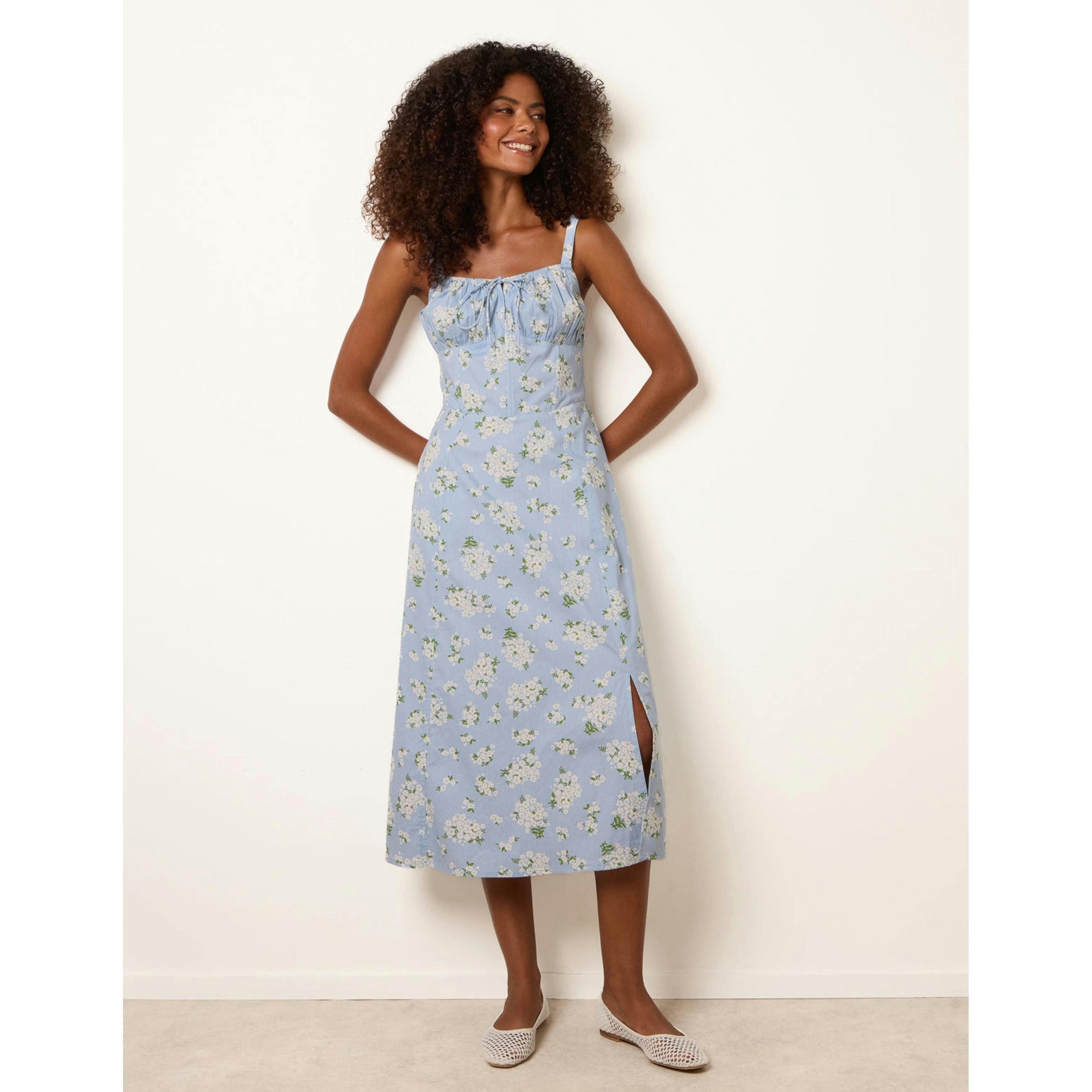 Blue Vanilla Midi Milkmaid Floral Dress  in Blue , view 1 of 4