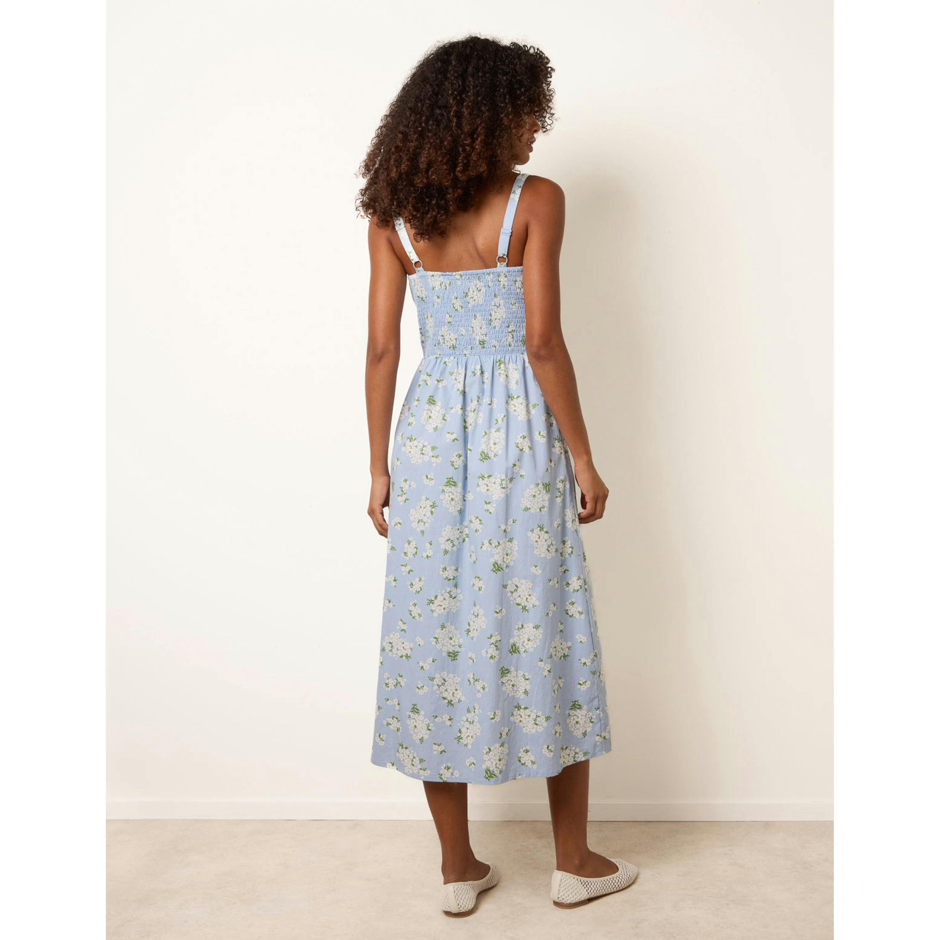 Blue Vanilla Midi Milkmaid Floral Dress  in Blue , view 2 of 4