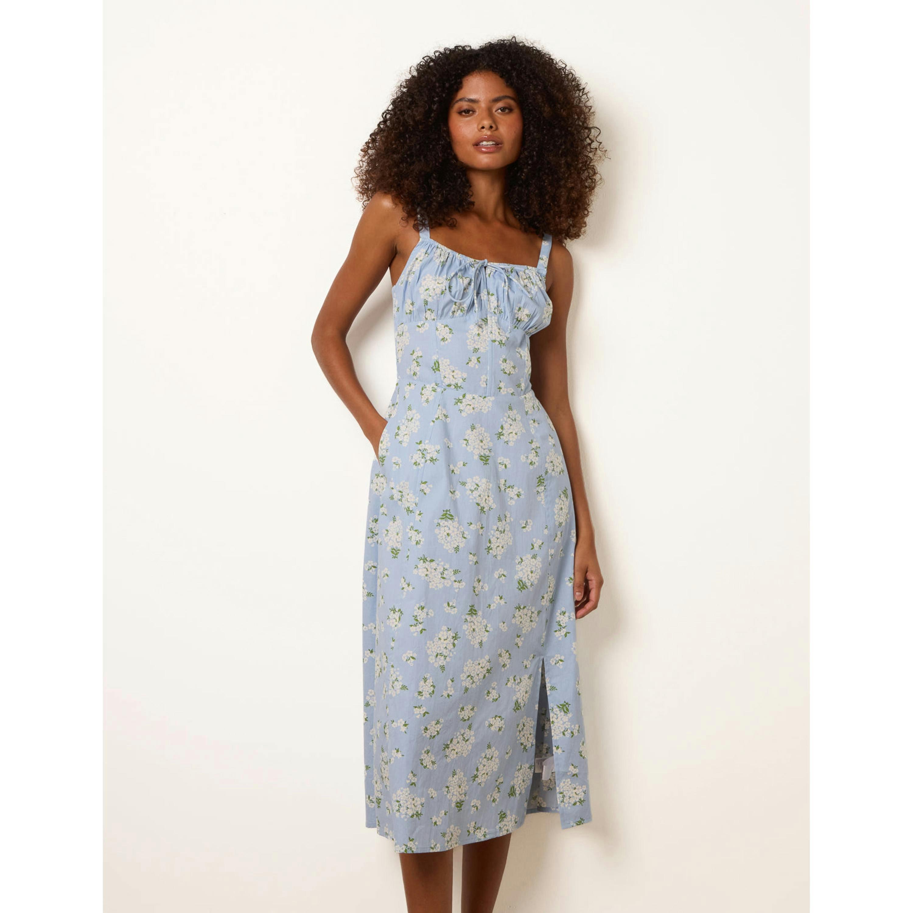 Blue Vanilla Midi Milkmaid Floral Dress  in Blue , view 4 of 4