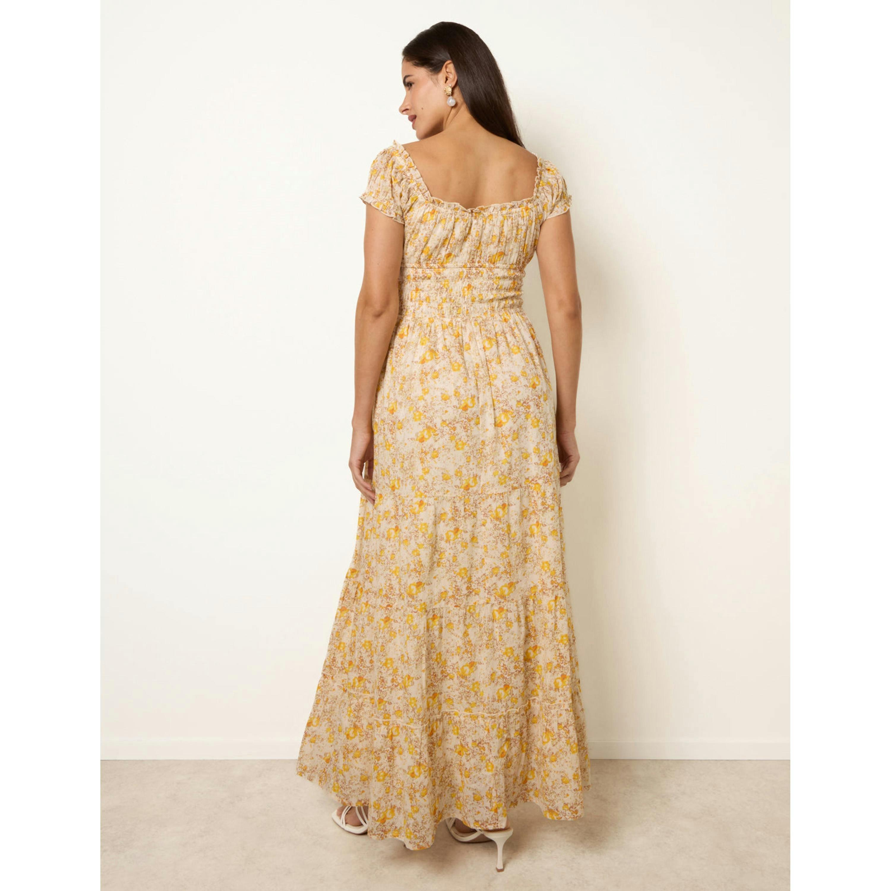 Blue Vanilla Double Front Tie Shirred Ditsy Floral Maxi Dress  in Yellow , view 2 of 4