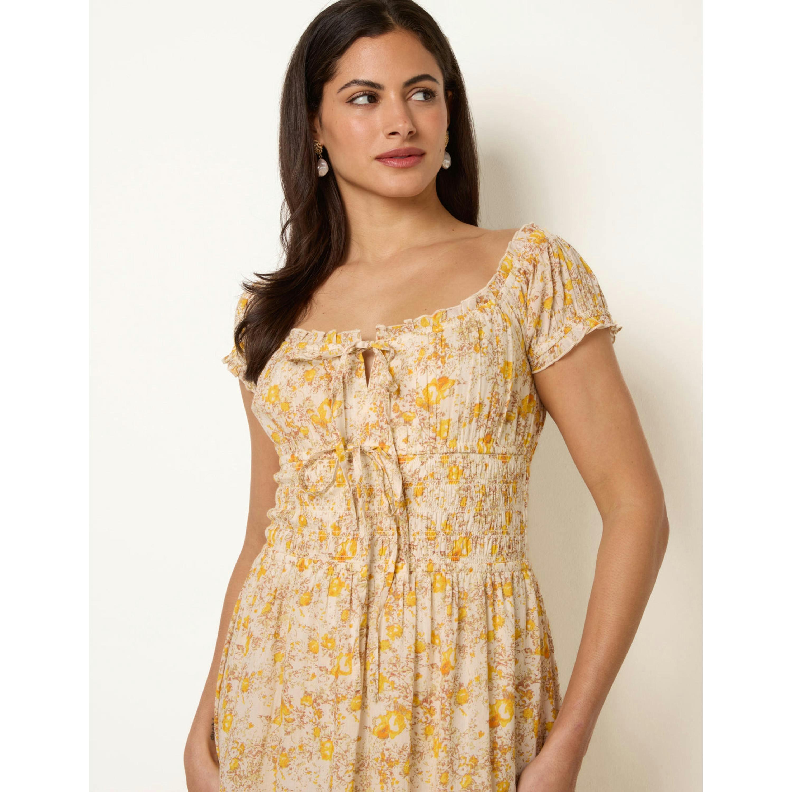 Blue Vanilla Double Front Tie Shirred Ditsy Floral Maxi Dress  in Yellow , view 3 of 4