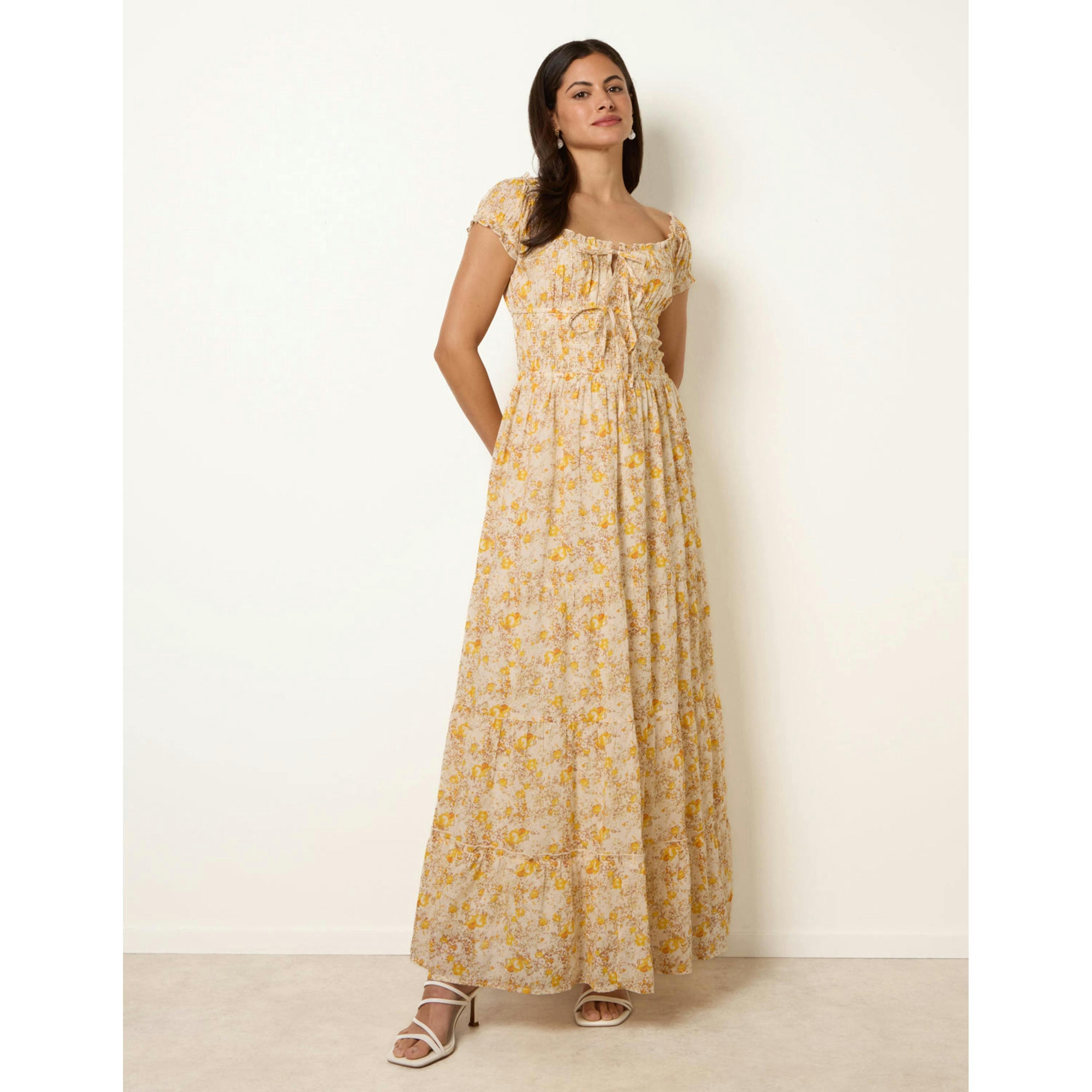 Blue Vanilla Double Front Tie Shirred Ditsy Floral Maxi Dress  in Yellow , view 4 of 4