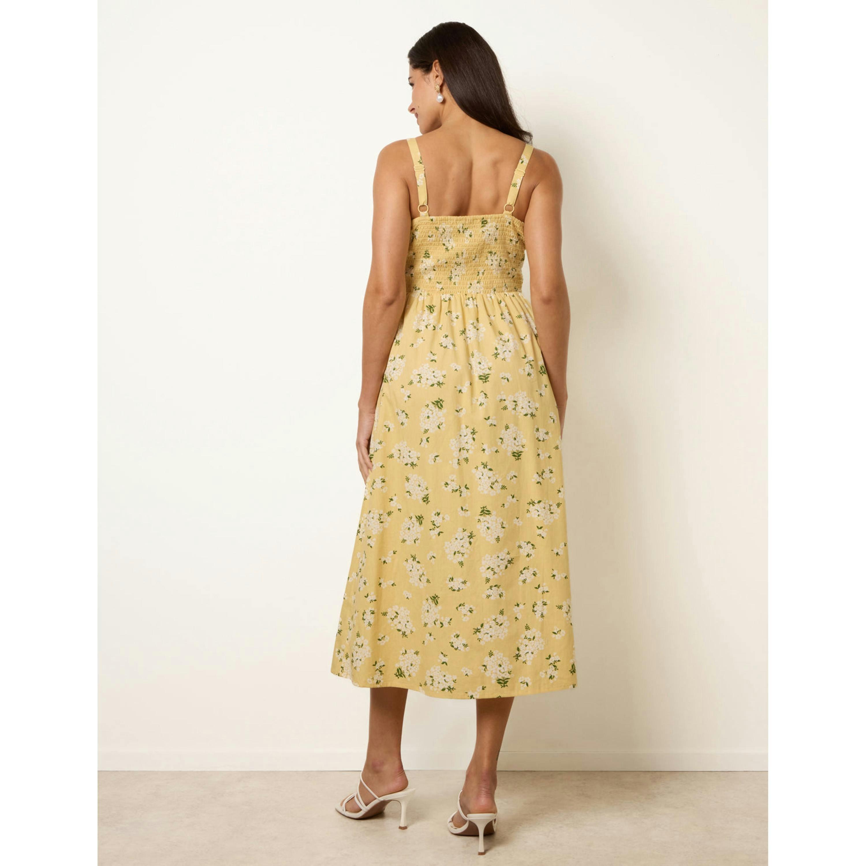 Blue Vanilla Midi Milkmaid Floral Dress  in Yellow , view 2 of 4