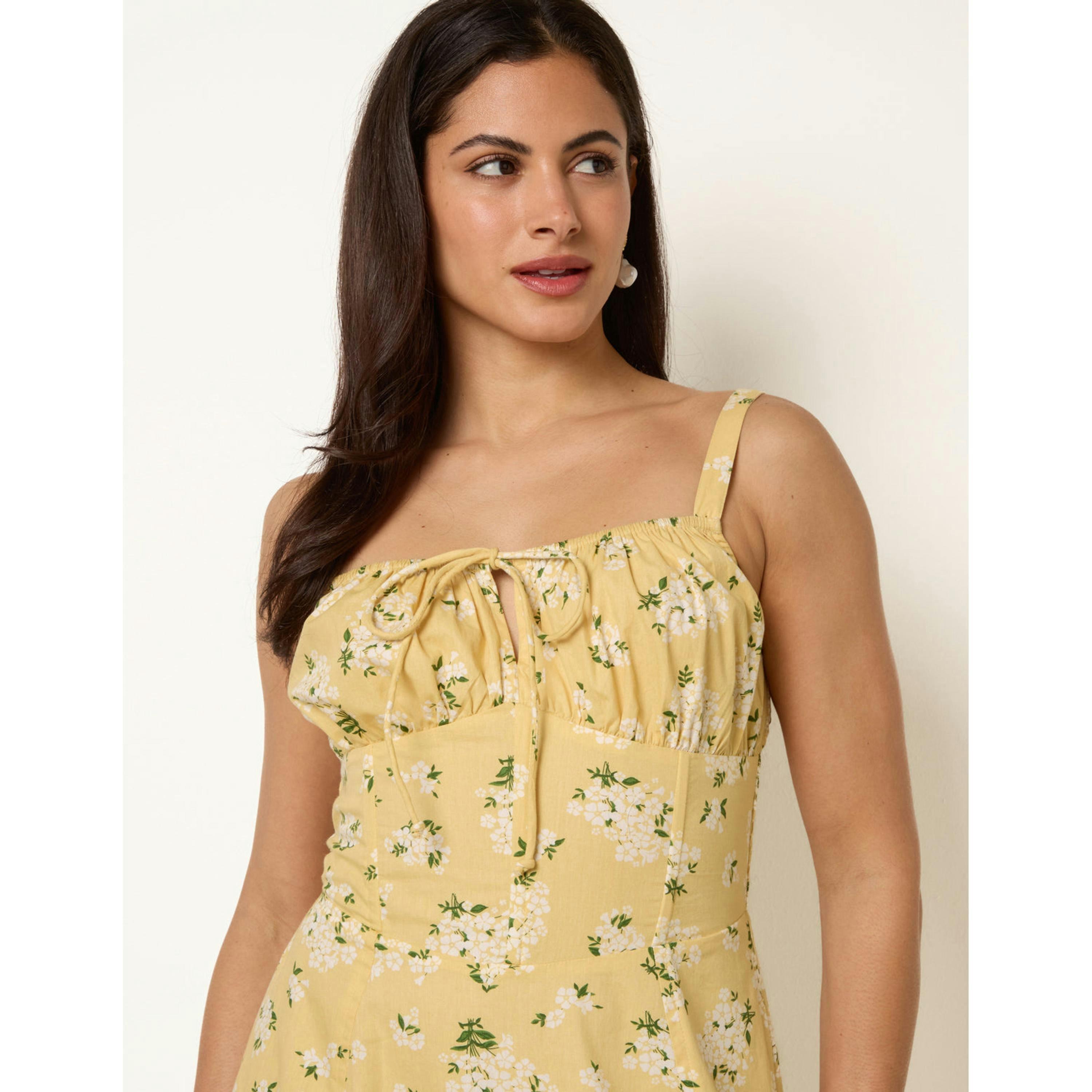 Blue Vanilla Midi Milkmaid Floral Dress  in Yellow , view 3 of 4