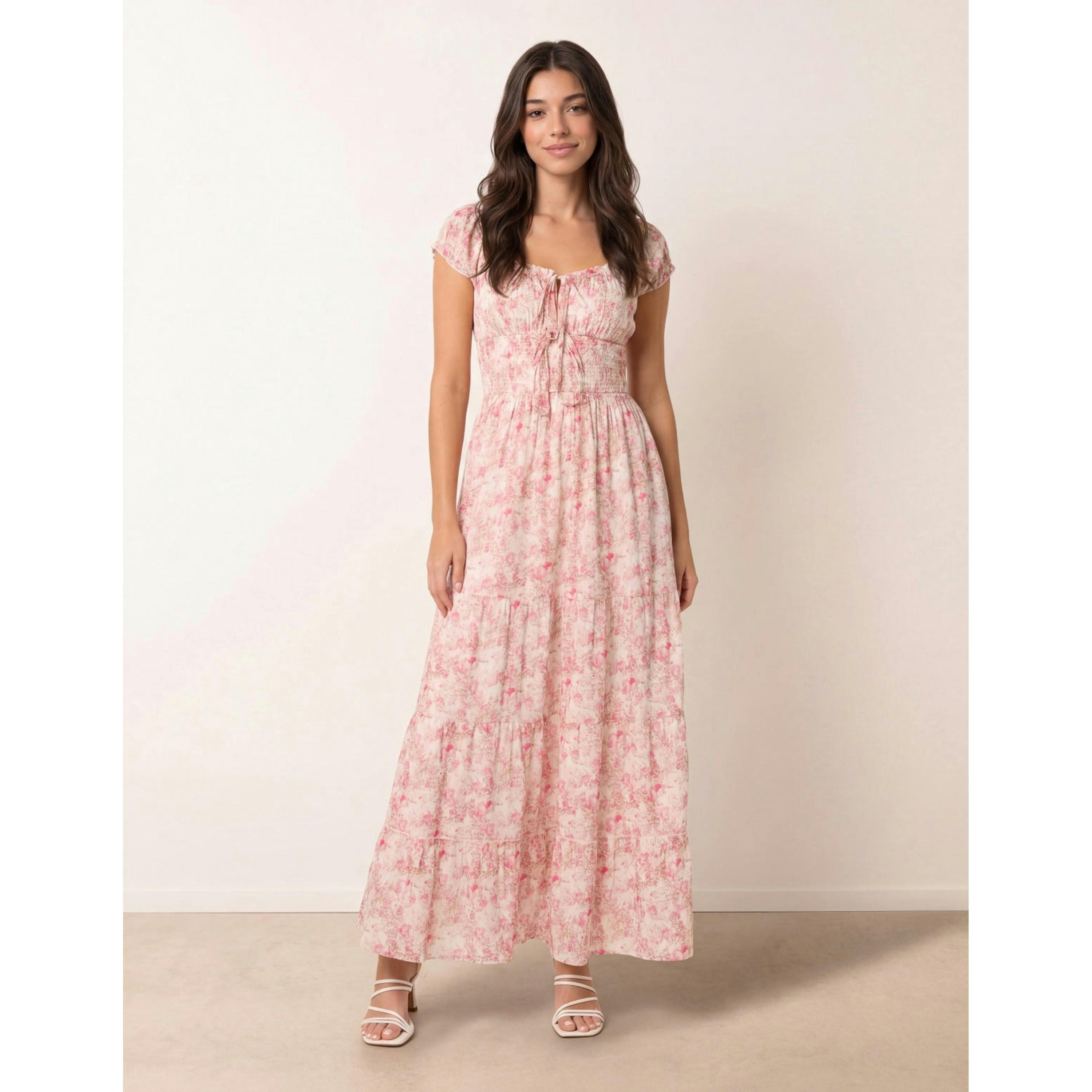 Blue Vanilla Double Front Tie Shirred Ditsy Floral Maxi Dress  in Pink , view 1 of 4