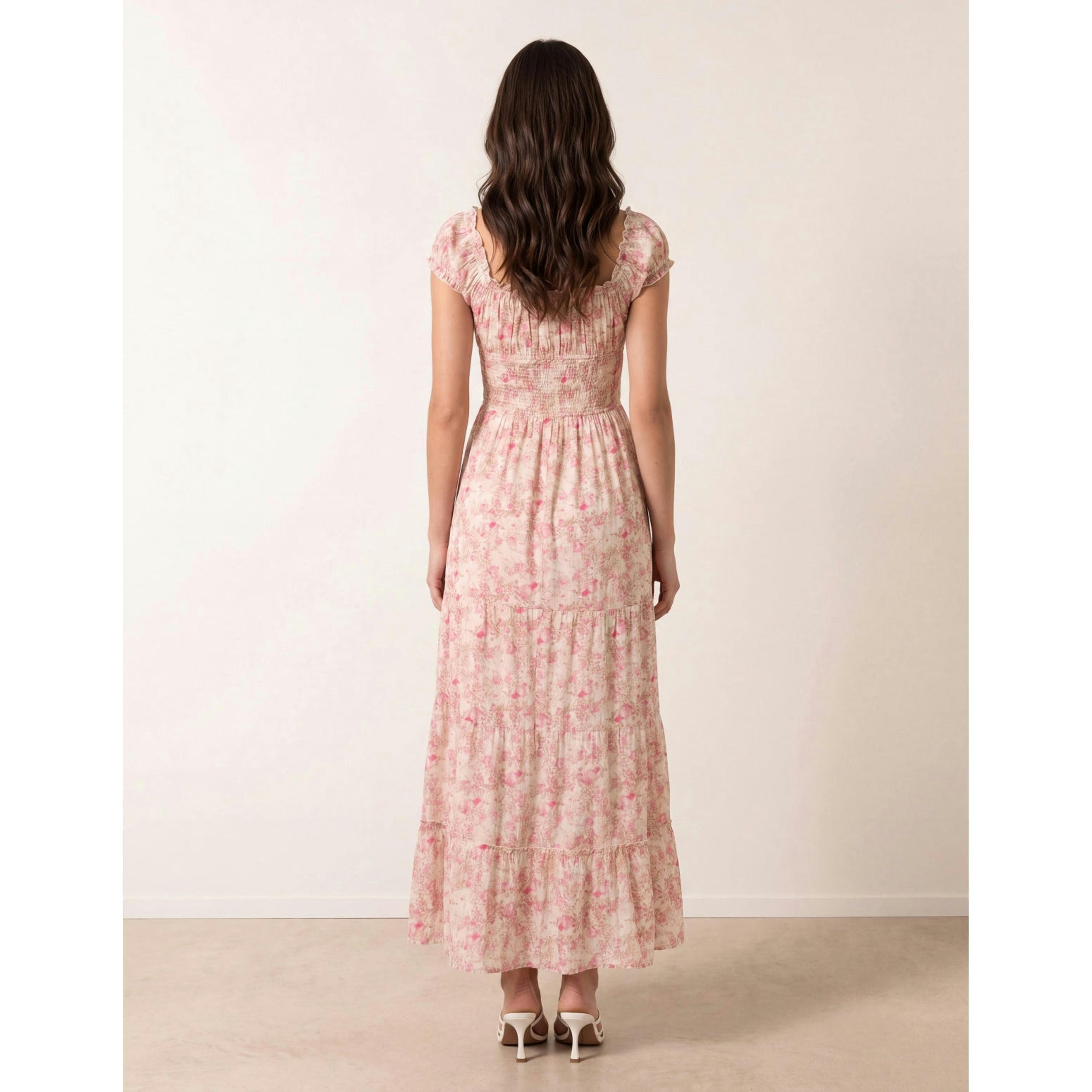 Blue Vanilla Double Front Tie Shirred Ditsy Floral Maxi Dress  in Pink , view 2 of 4