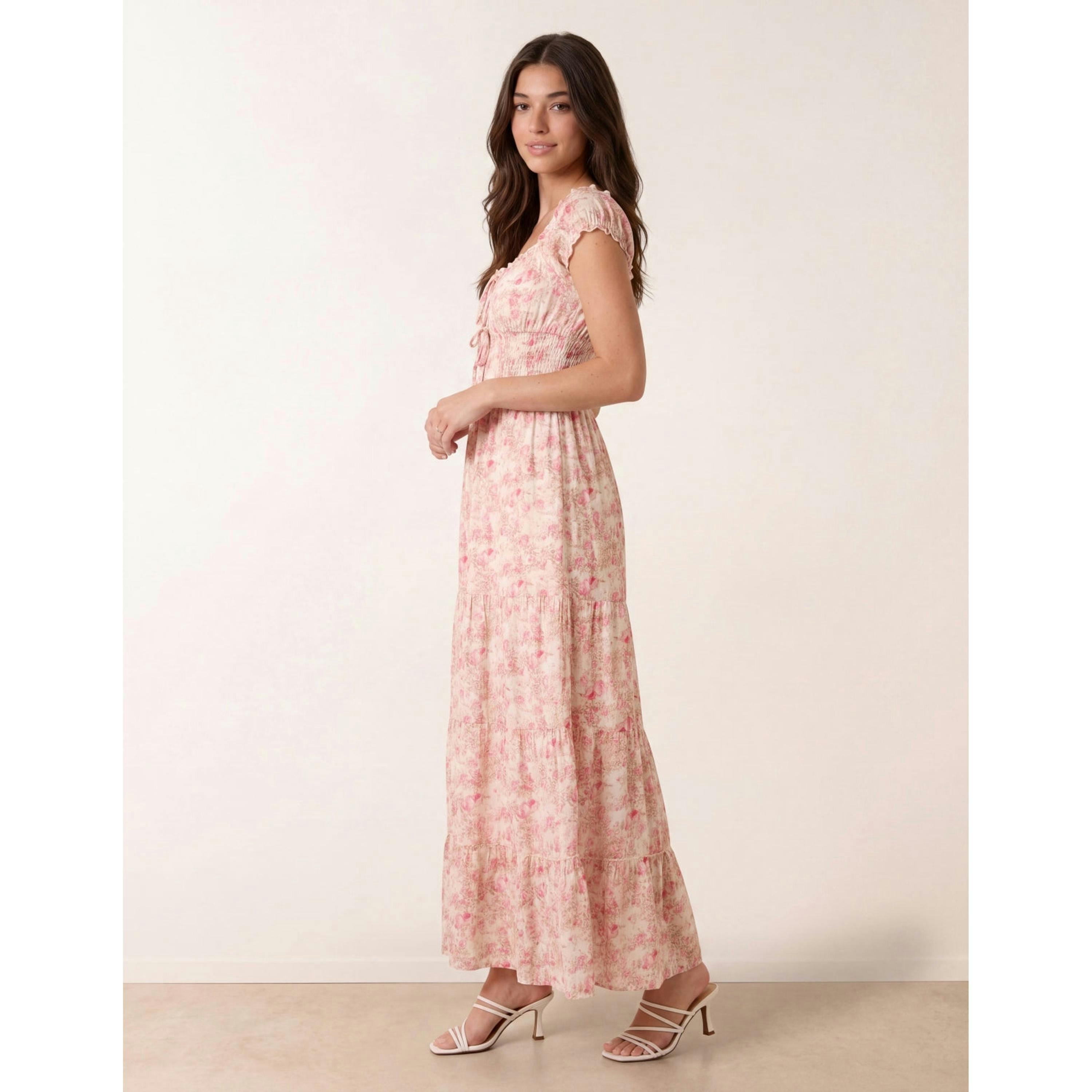 Blue Vanilla Double Front Tie Shirred Ditsy Floral Maxi Dress  in Pink , view 4 of 4