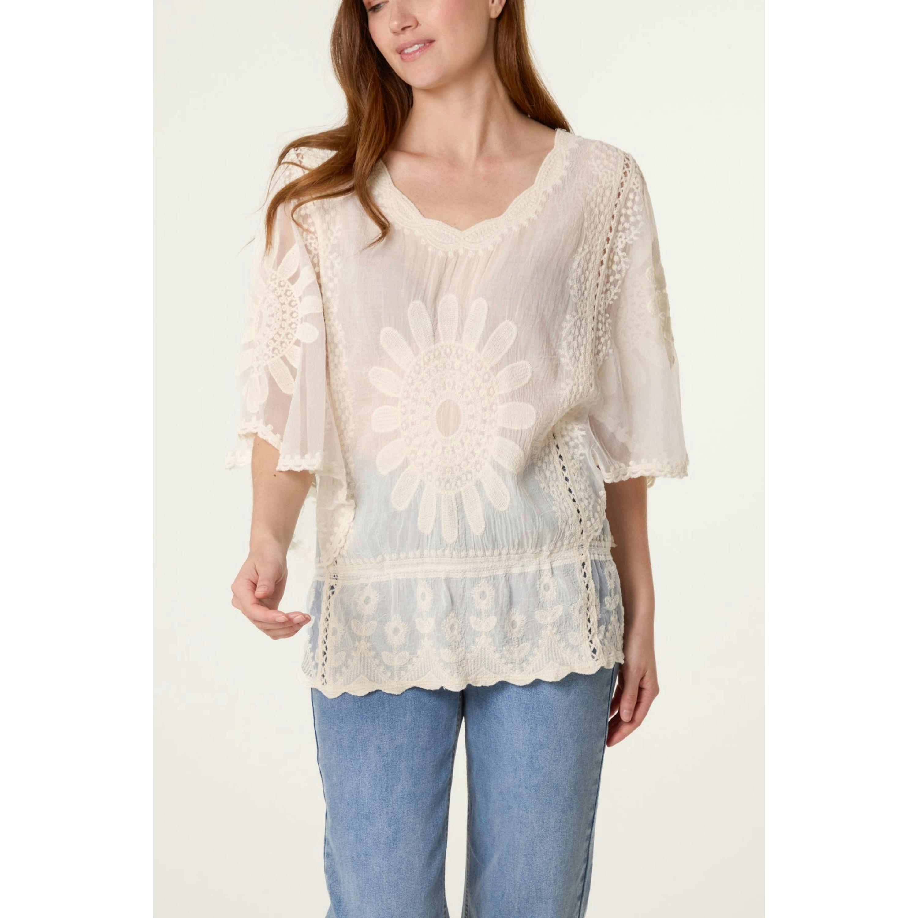 Blue Vanilla Sun Flower Lace Sleeve Blouse  in Stone , view 1 of 4