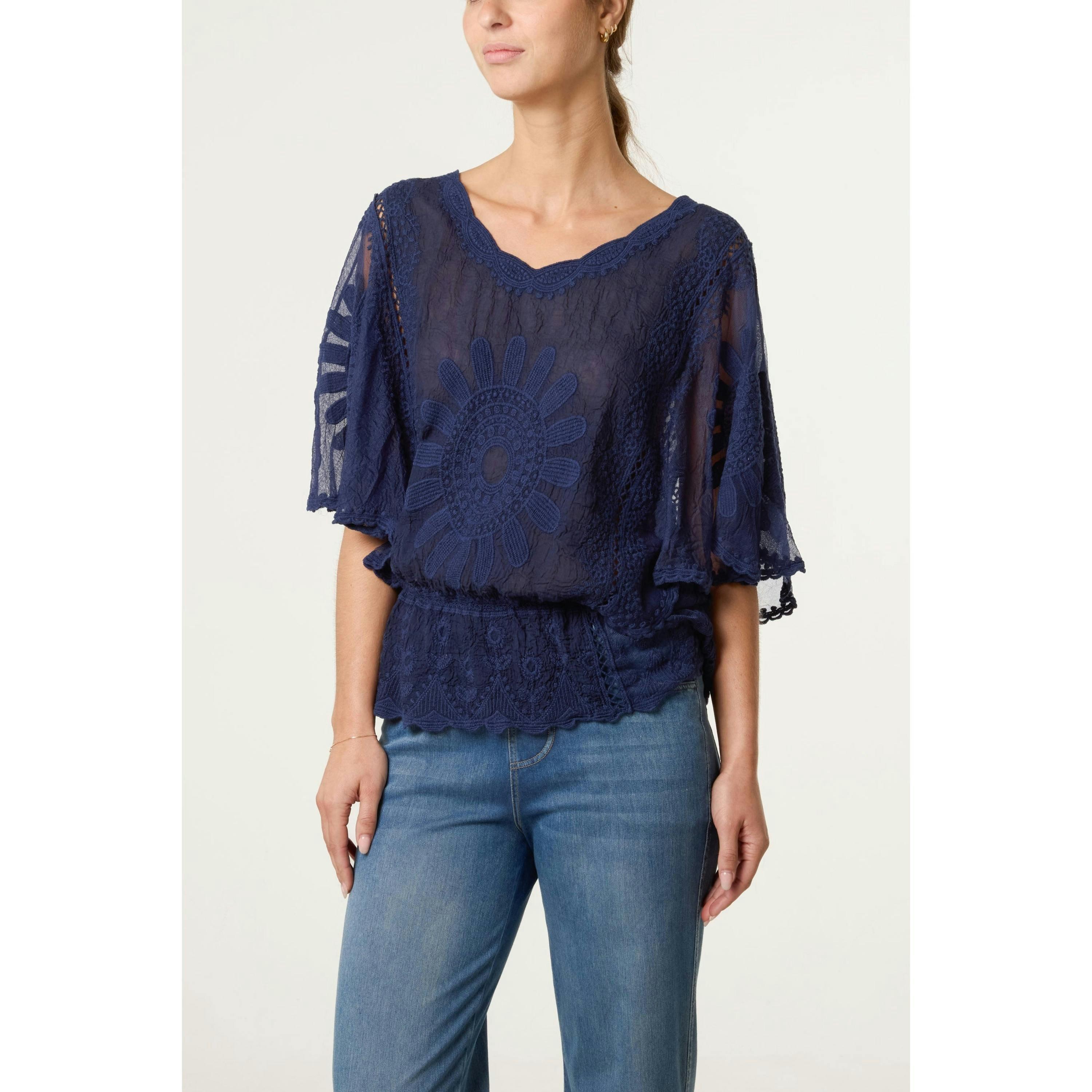 Blue Vanilla Sun Flower Lace Sleeve Blouse  in Navy , view 1 of 4