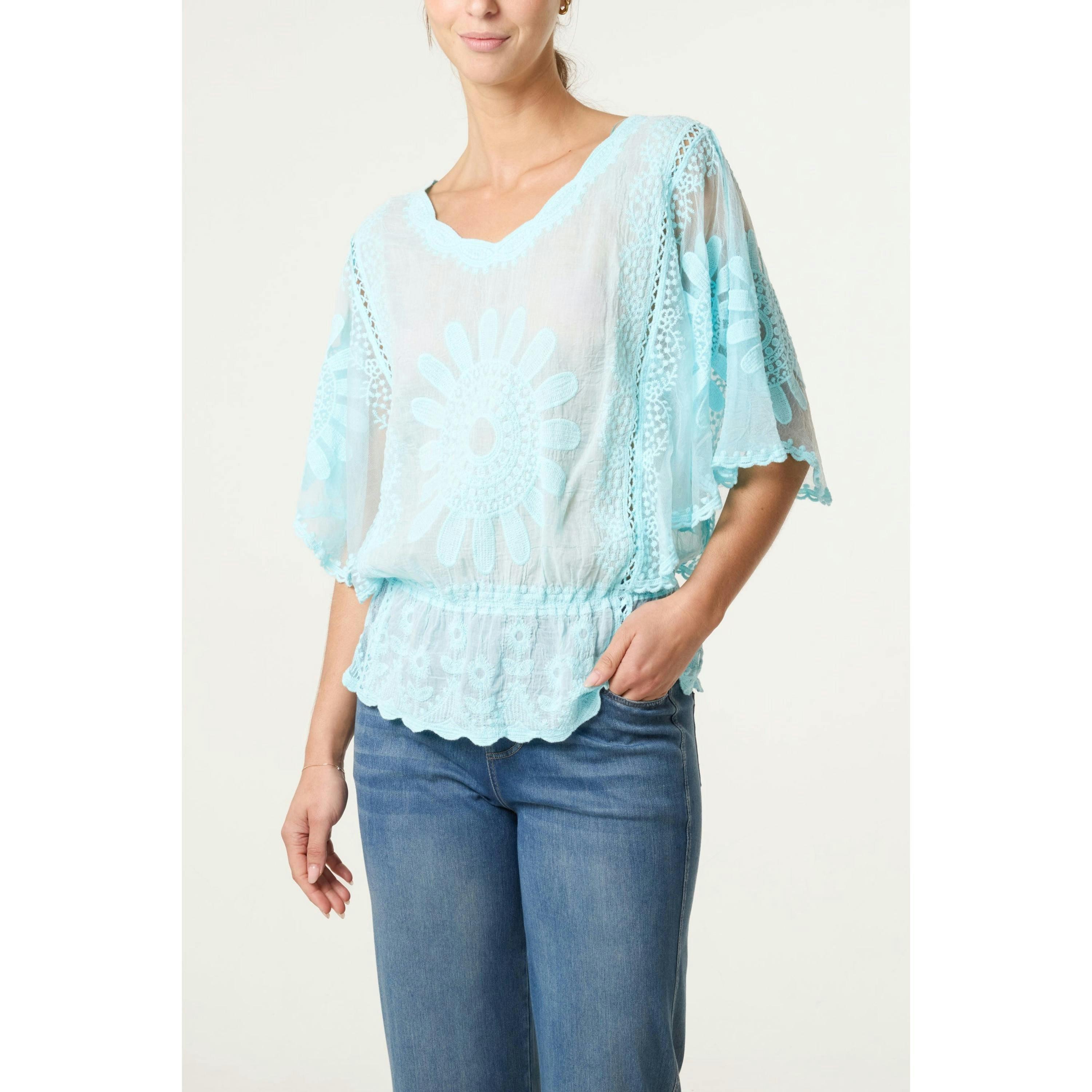 Blue Vanilla Sun Flower Lace Sleeve Blouse  in Blue , view 1 of 4