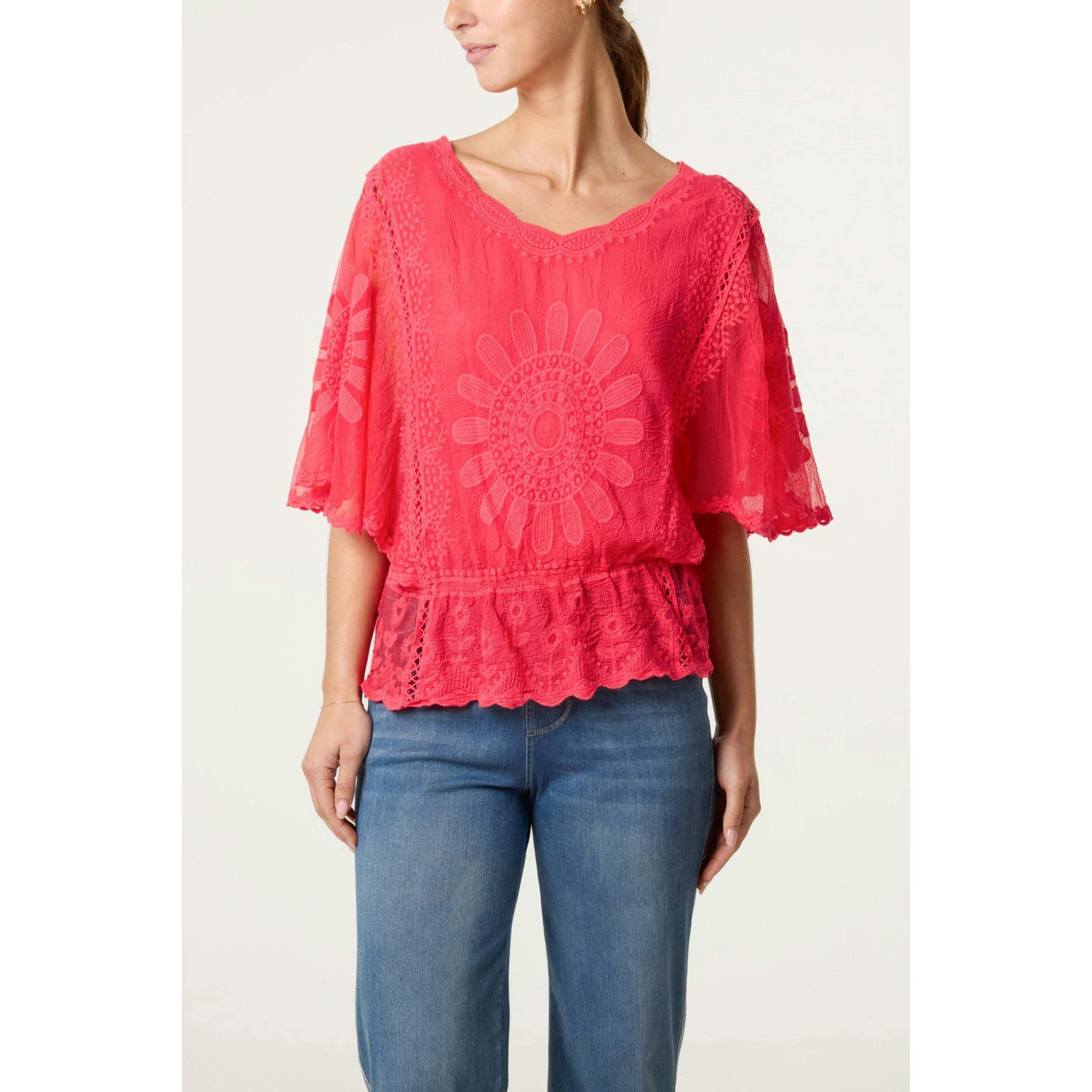 Blue Vanilla Sun Flower Lace Sleeve Blouse  in Coral , view 1 of 4