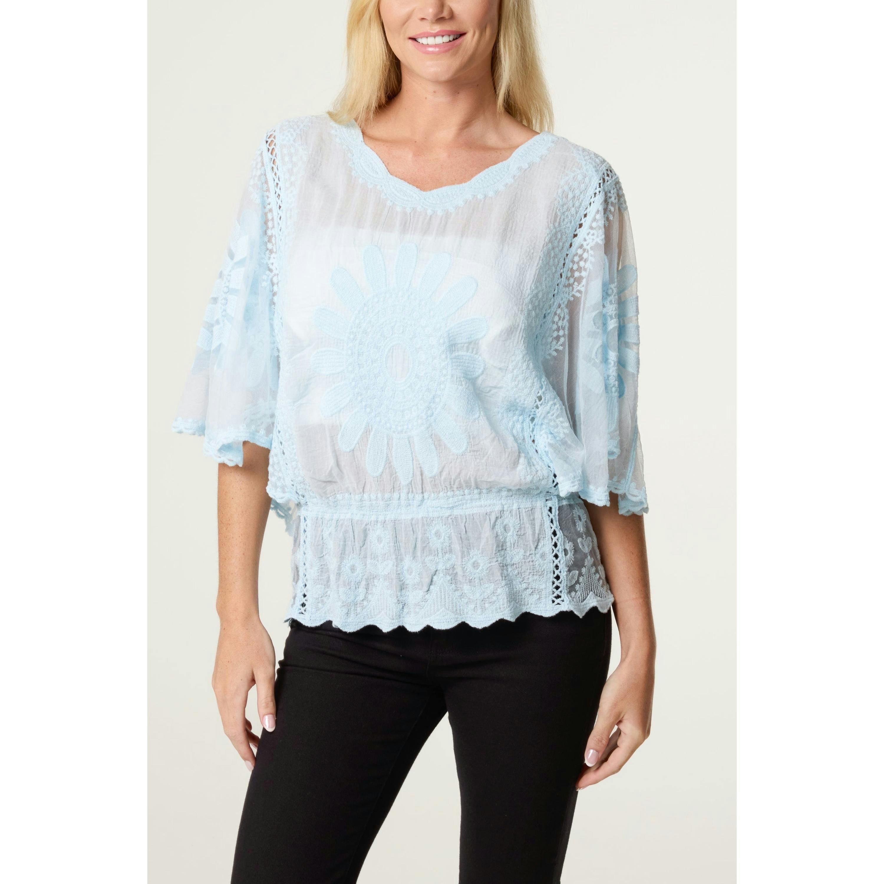 Blue Vanilla Sun Flower Lace Sleeve Blouse  in Blue , view 1 of 4