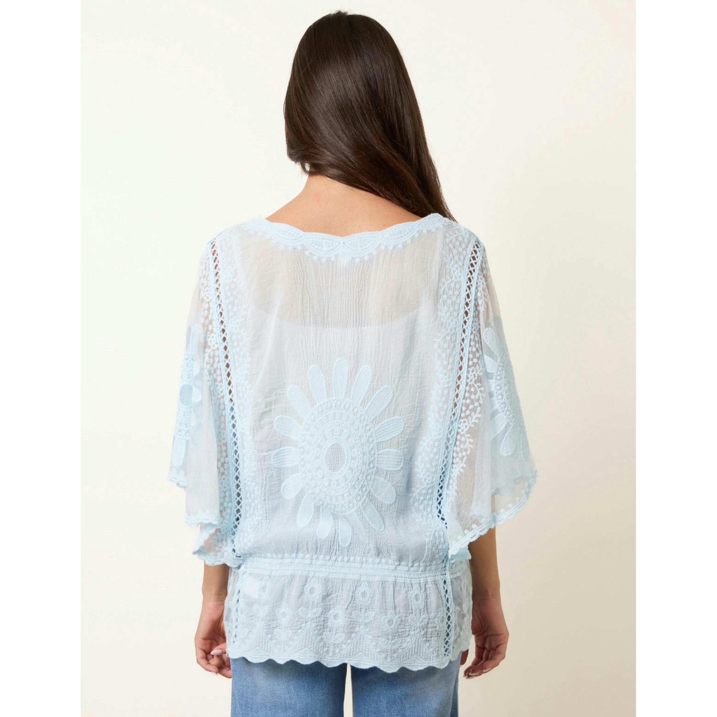Blue Vanilla Sun Flower Lace Sleeve Blouse  in Blue , view 2 of 4