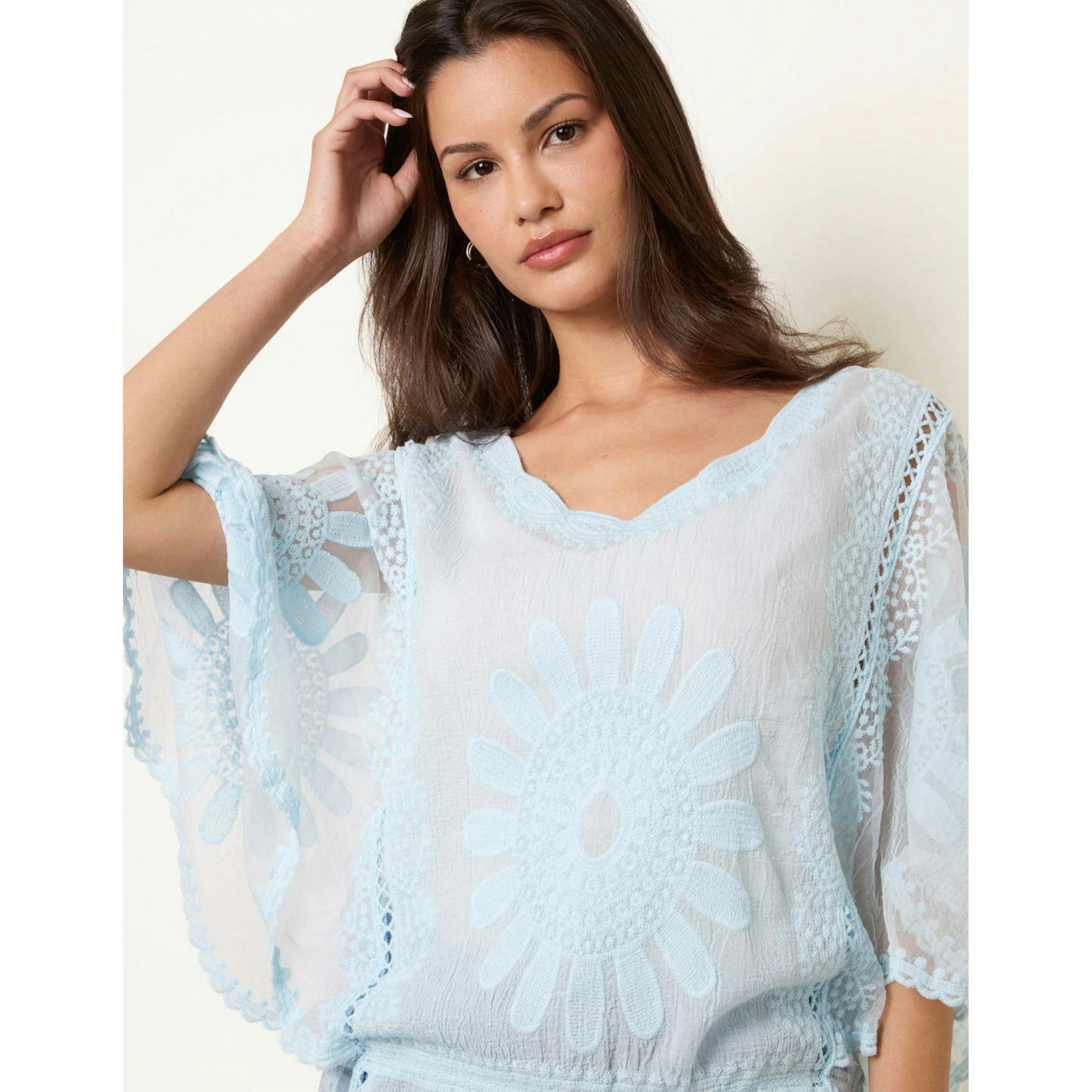 Blue Vanilla Sun Flower Lace Sleeve Blouse  in Blue , view 3 of 4