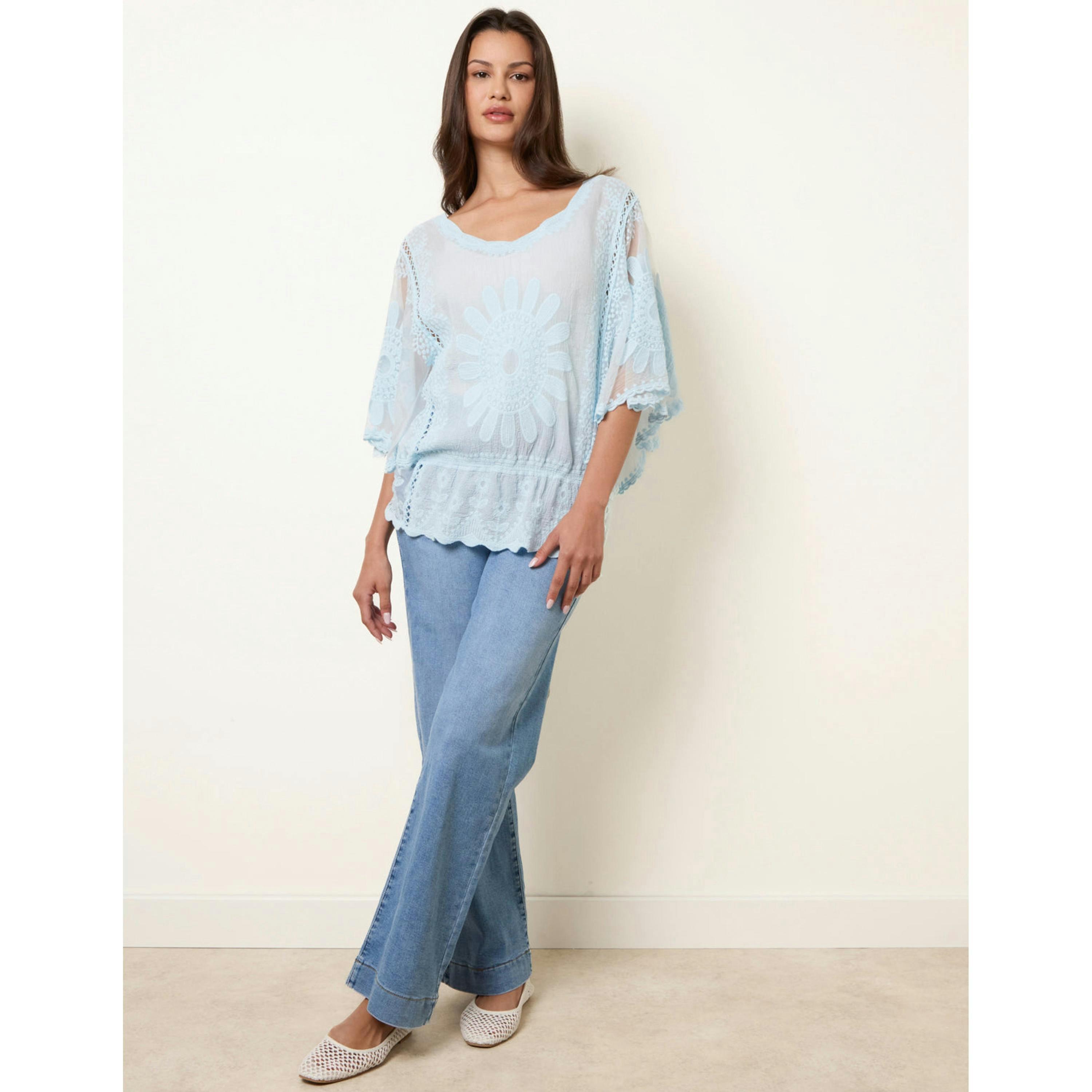Blue Vanilla Sun Flower Lace Sleeve Blouse  in Blue , view 4 of 4