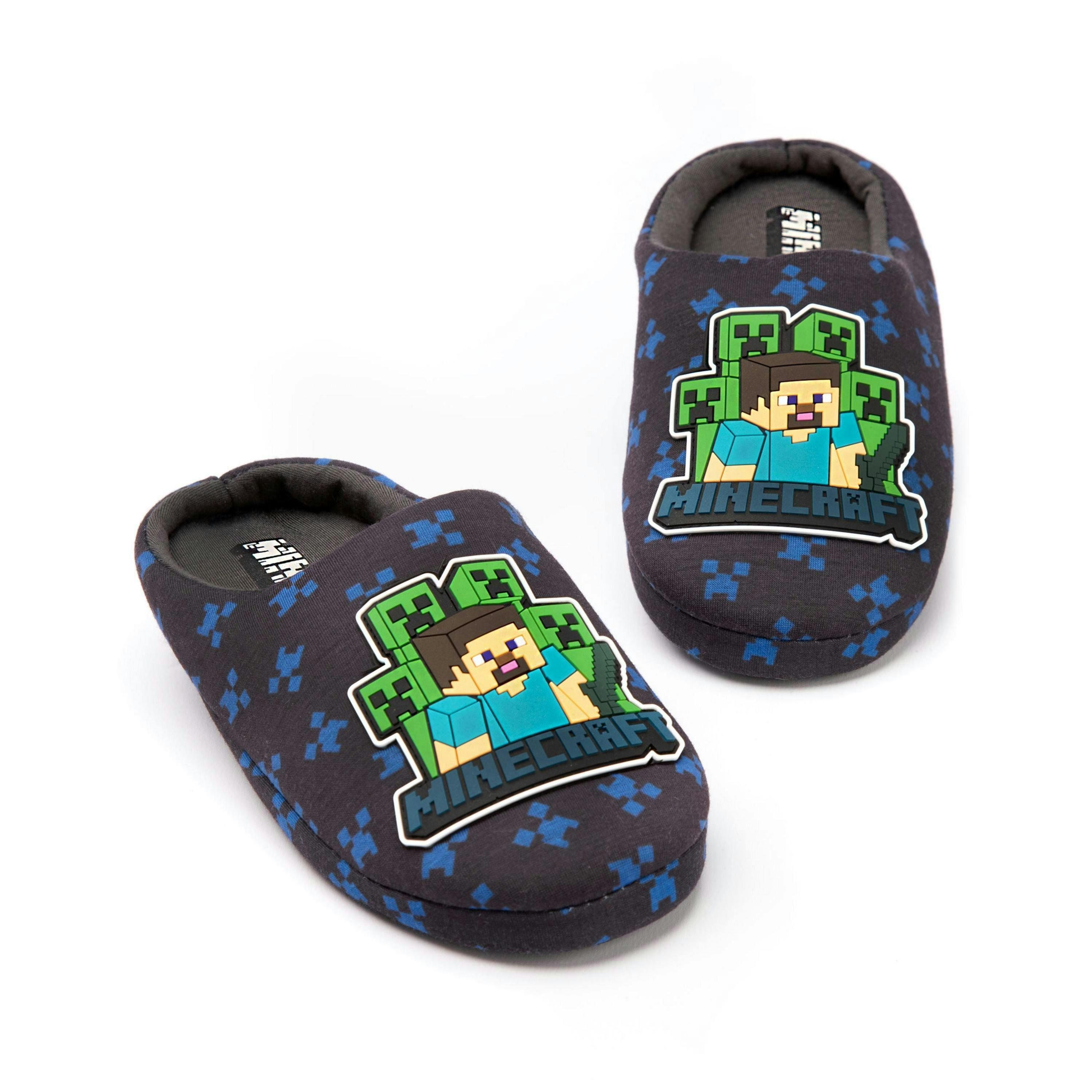 Minecraft Boys Slippers | Blue Navy Black Sequin Creeper House Shoes | Kids Teens Gaming Footwear Merchandise UK By Vanilla Underground , view 1 of 1