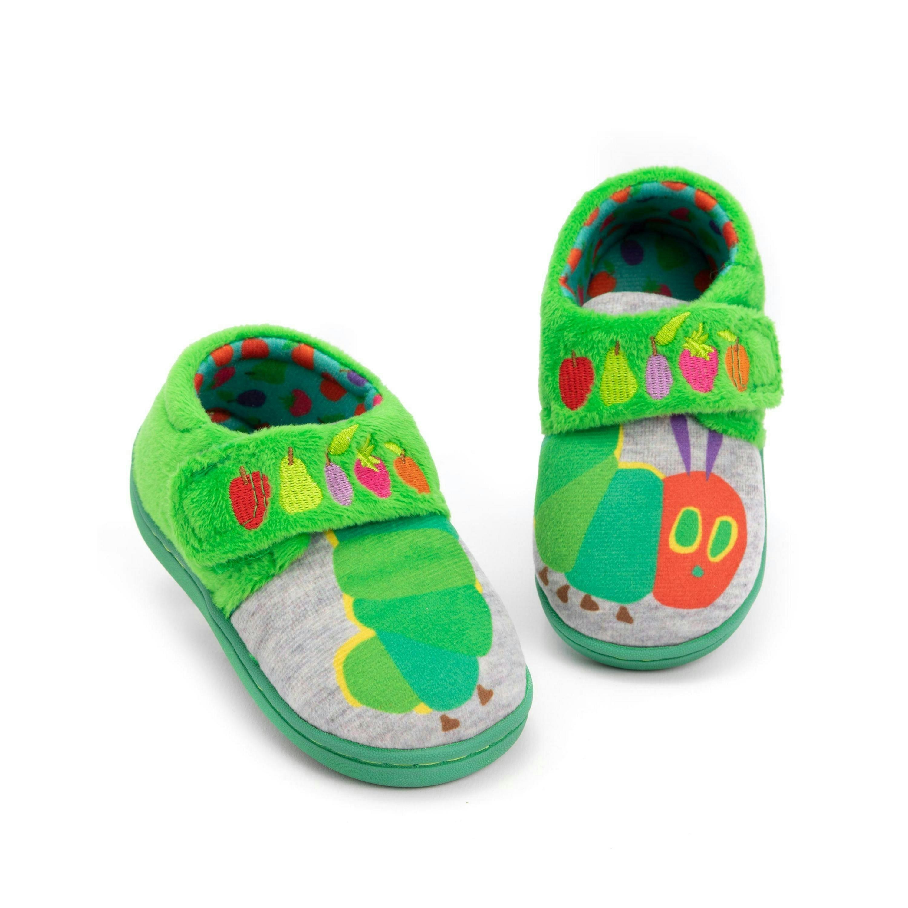 The Very Hungry Caterpillar Kids Slippers | Girls Boys Green Grey Illustrated House Shoes | Slip On Grip Sole UK By Vanilla Underground , view 1 of 1