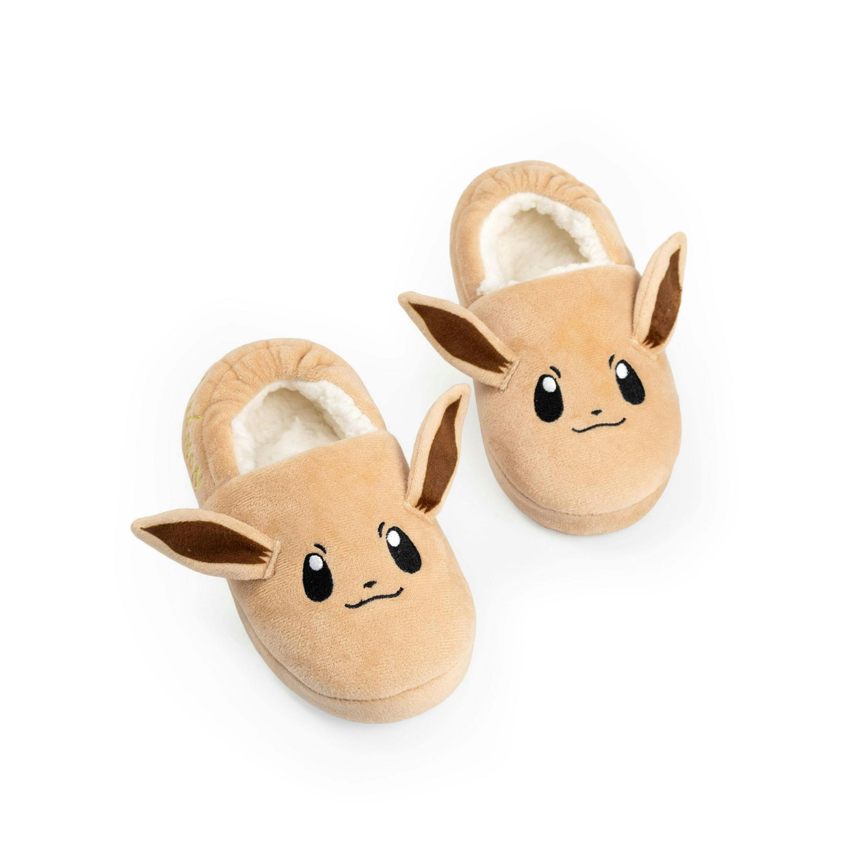 Pokemon Girls Slippers | Kids Eevee Character Face 3D Ears Fur Lined Brown Slip-On Loafers | House Shoes Game TV Merchandise By Vanilla Underground , view 1 of 1