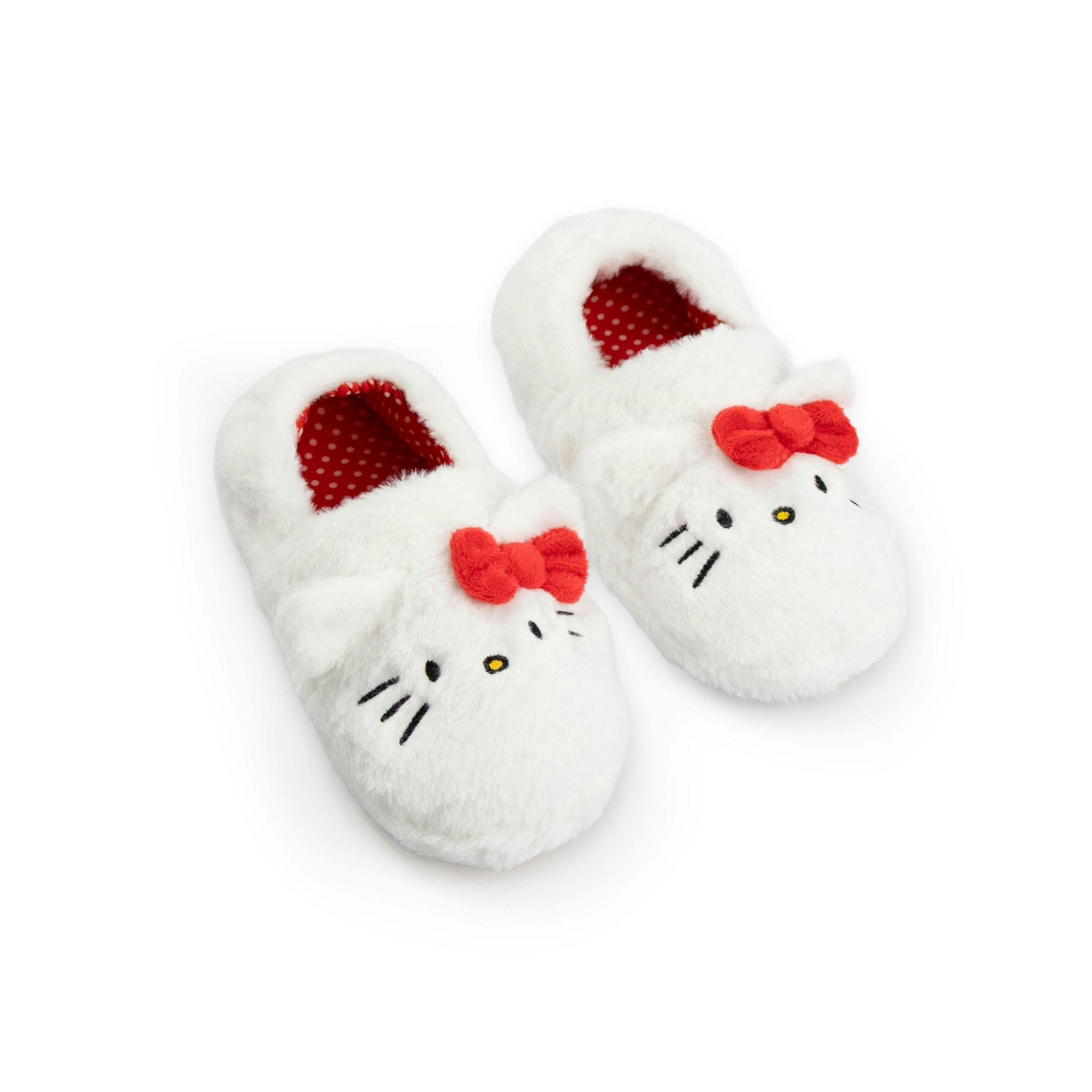Hello Kitty Girls White Fluffy Slip On Loafer Slippers | 3D Ears & Bow | Cartoon Character Indoor Lounging House Shoes | Merch UK By Vanilla Underground , view 1 of 1