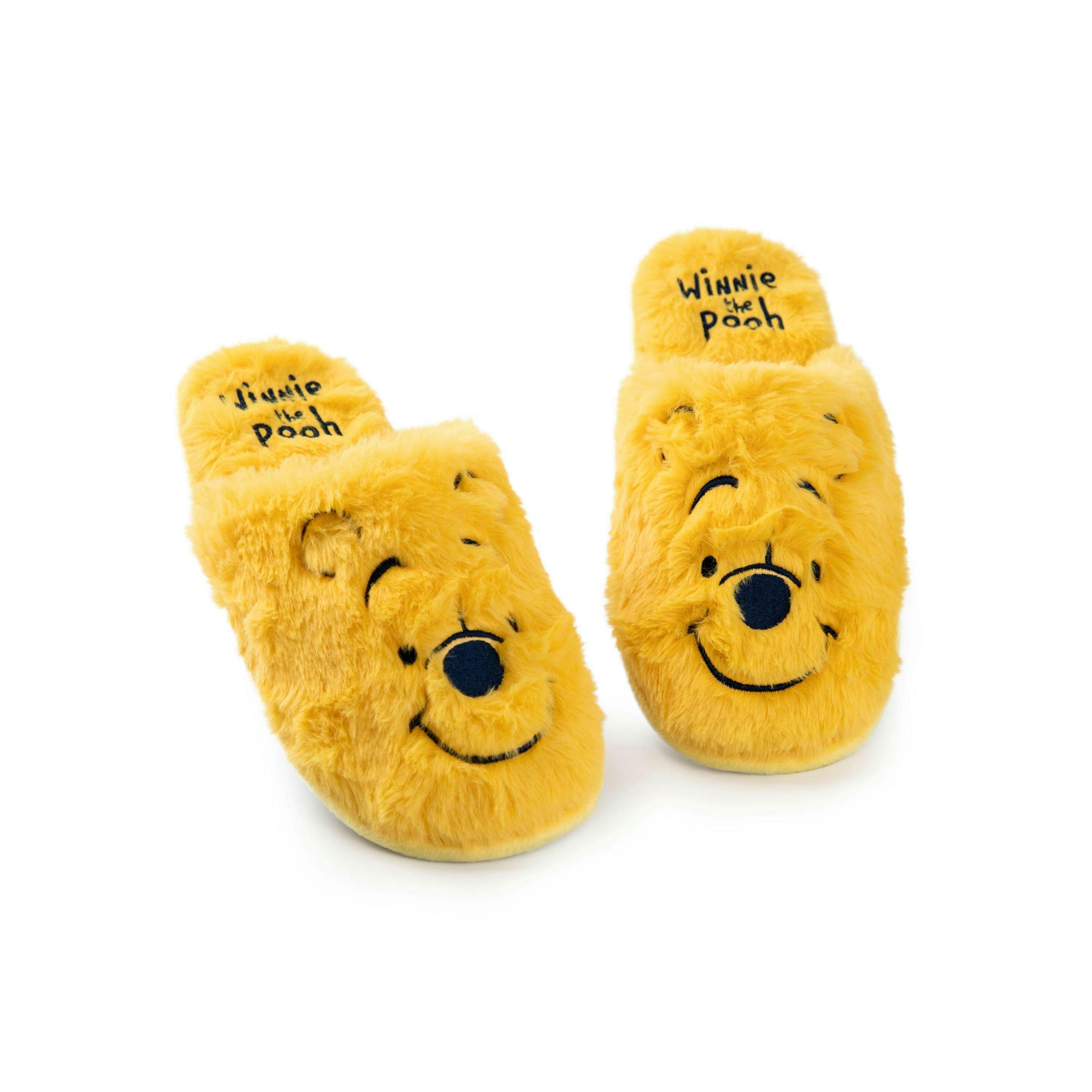 Winnie The Pooh Women's Slippers | Ladies Yellow Fur Mules | Embroidered Character Face Slip On House Shoes | Animation Merchandise Gift By Vanilla Underground , view 1 of 1