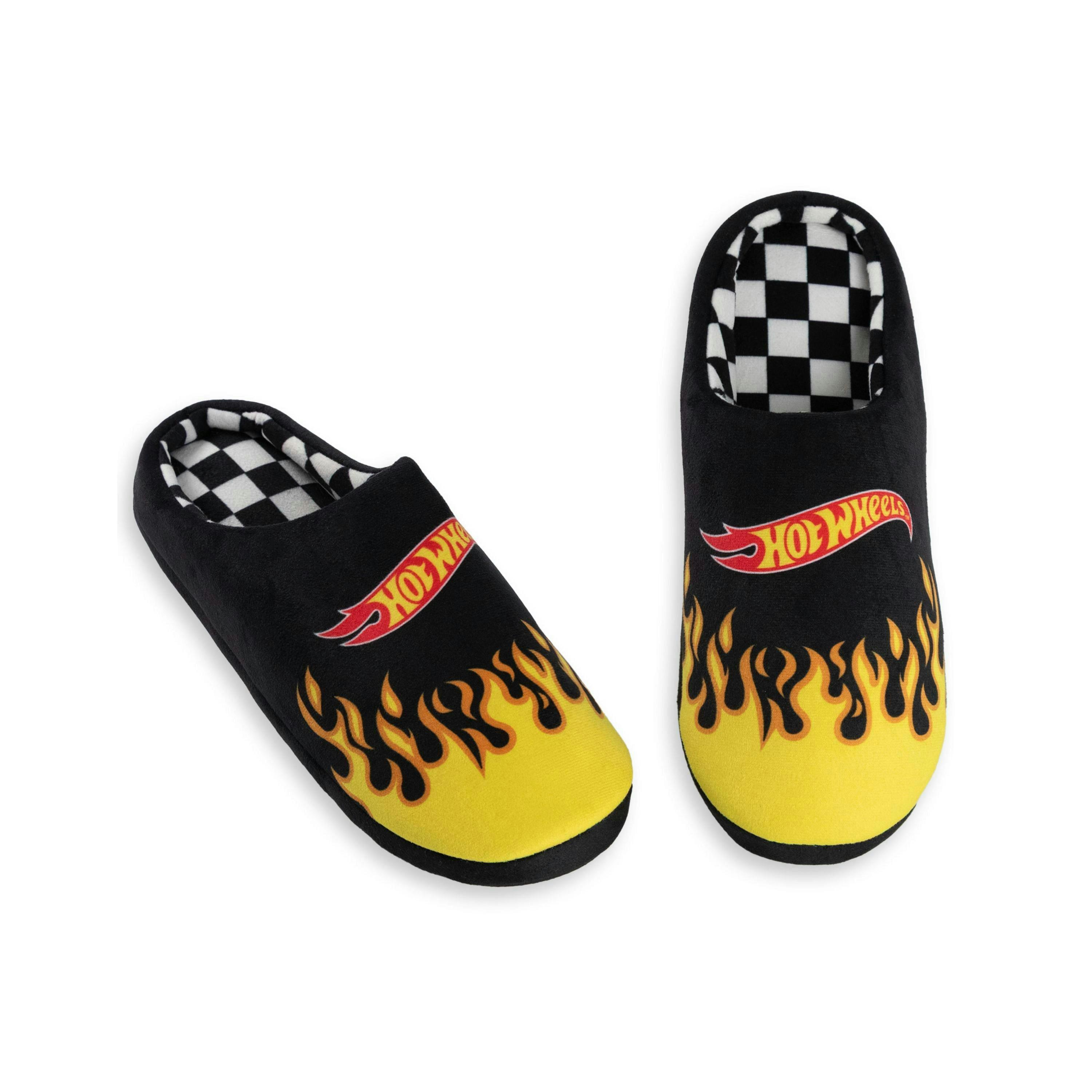 Hot Wheels Men's Black Flame Mule Slippers | Plush Indoor House Shoes with Hot Wheels Text | Comfortable Home Loungewear Merch UK By Vanilla Underground , view 1 of 1