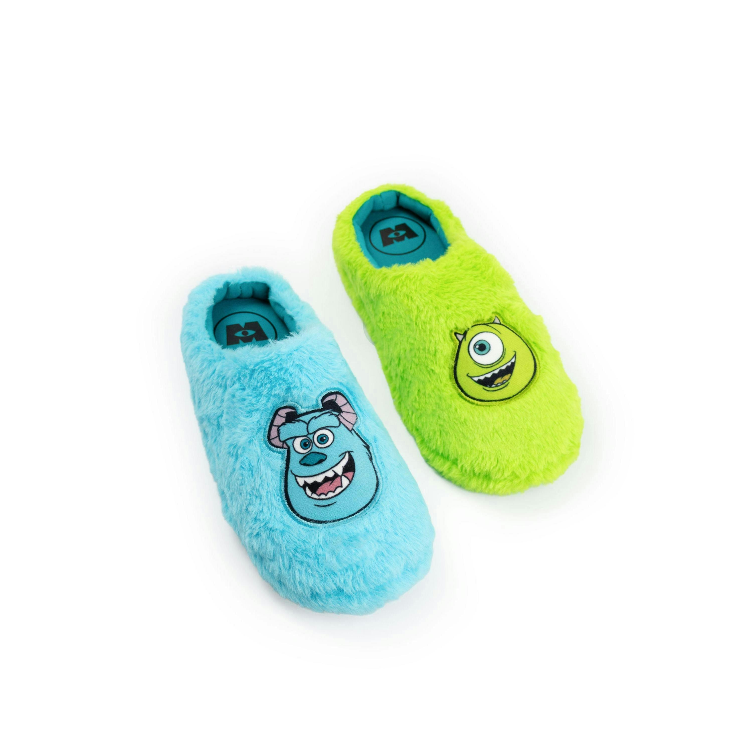 Disney Monsters Inc Mike Wazowski & Sulley Unisex Adults Blue & Green Fluffy Mule Slippers | Indoor Lounging House Shoes | Merch UK By Vanilla Underground , view 1 of 1