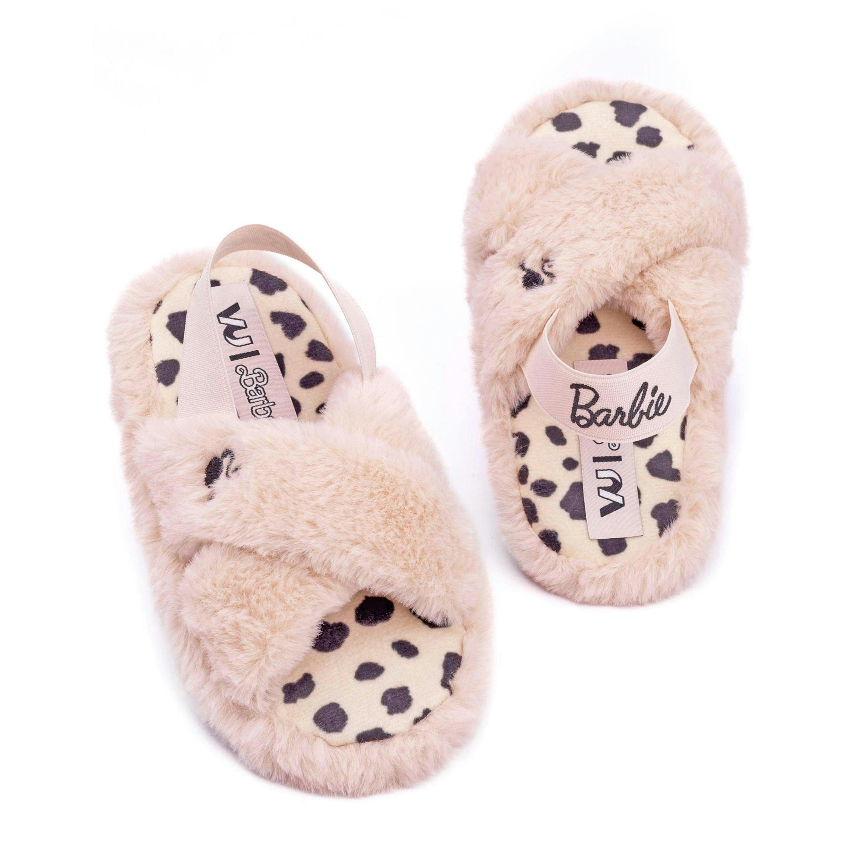 Barbie Girls Slippers | Kids Pink Fluffy Slip On House Sliders | Leopard Insoles Cross Strap Shoes | Doll Logo Merchandise By Vanilla Underground , view 1 of 1