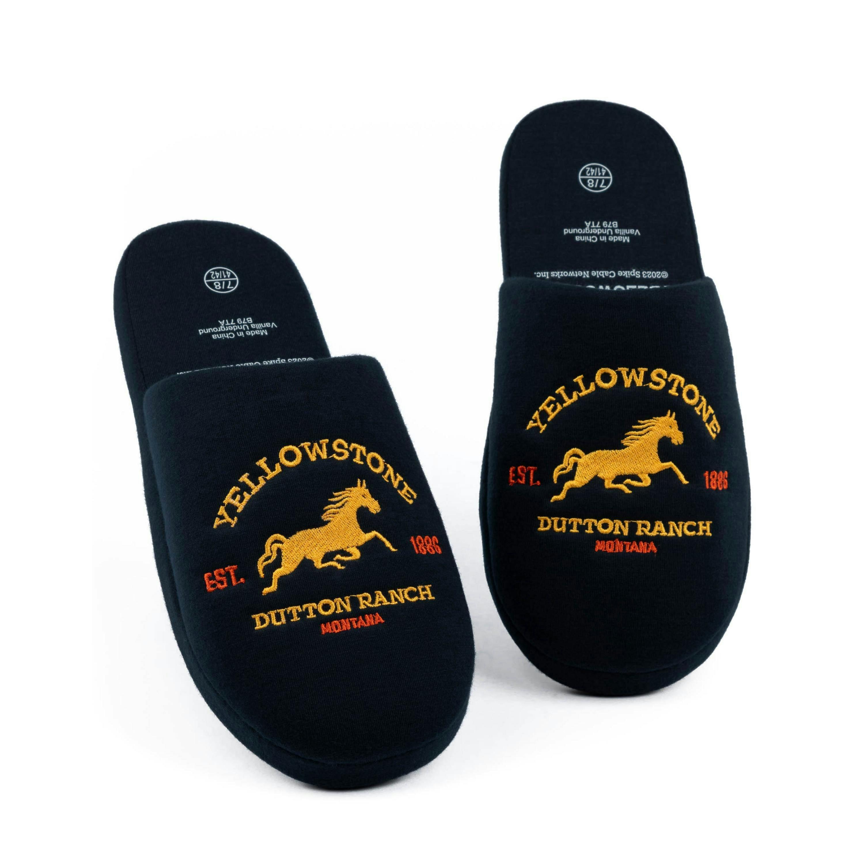 Yellowstone Mens Slip On Slippers | Adults Dutton Ranch Emblem Footwear in Navy Blue |  House Shoes Nightwear Apparel Gift for Him | By Vanilla Underground , view 1 of 1