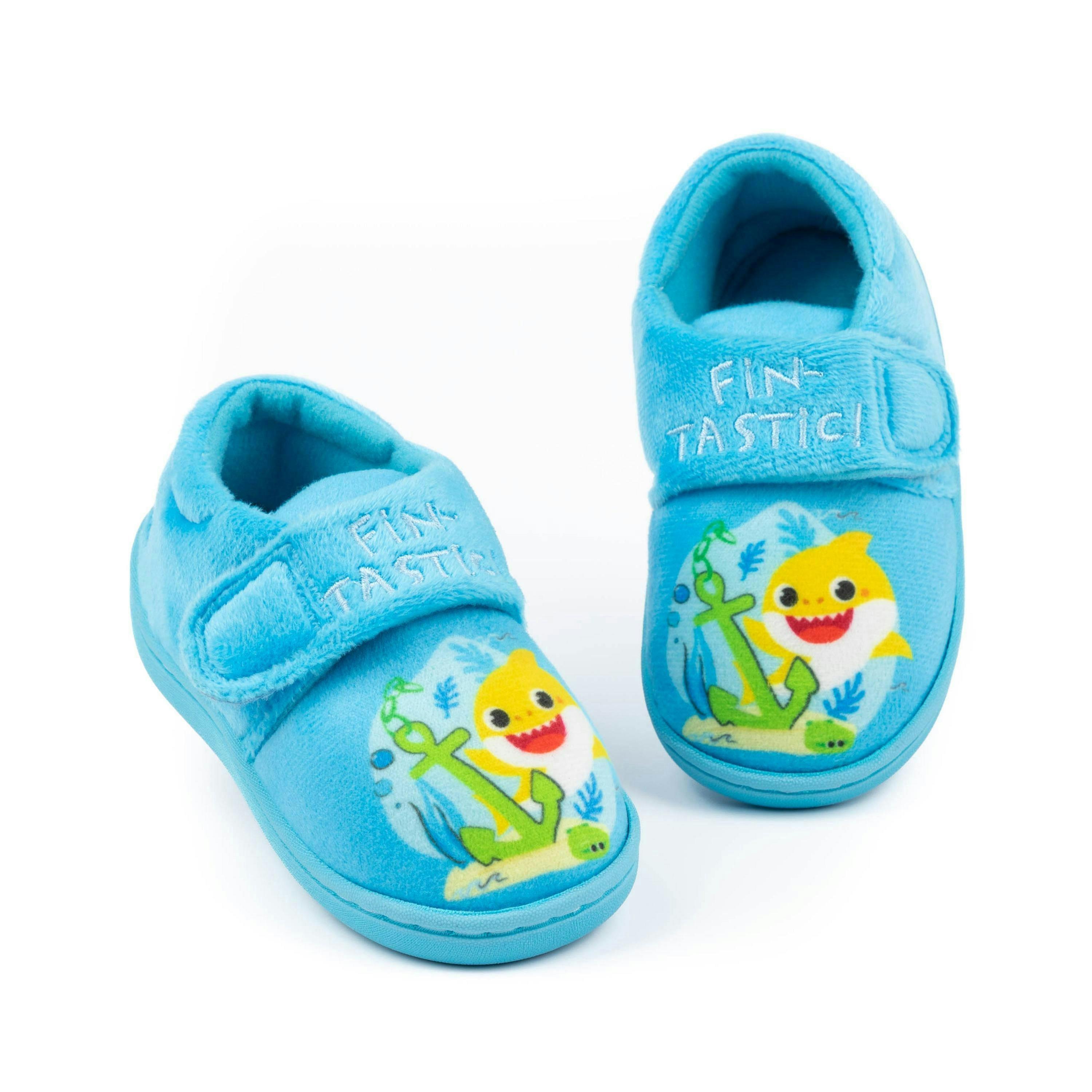 Baby Shark Boys Blue Slippers | Adjustable Strap | Slip On House Shoes | Kids Toddler Gift | Fin-tastic Footwear By Vanilla Underground , view 1 of 1