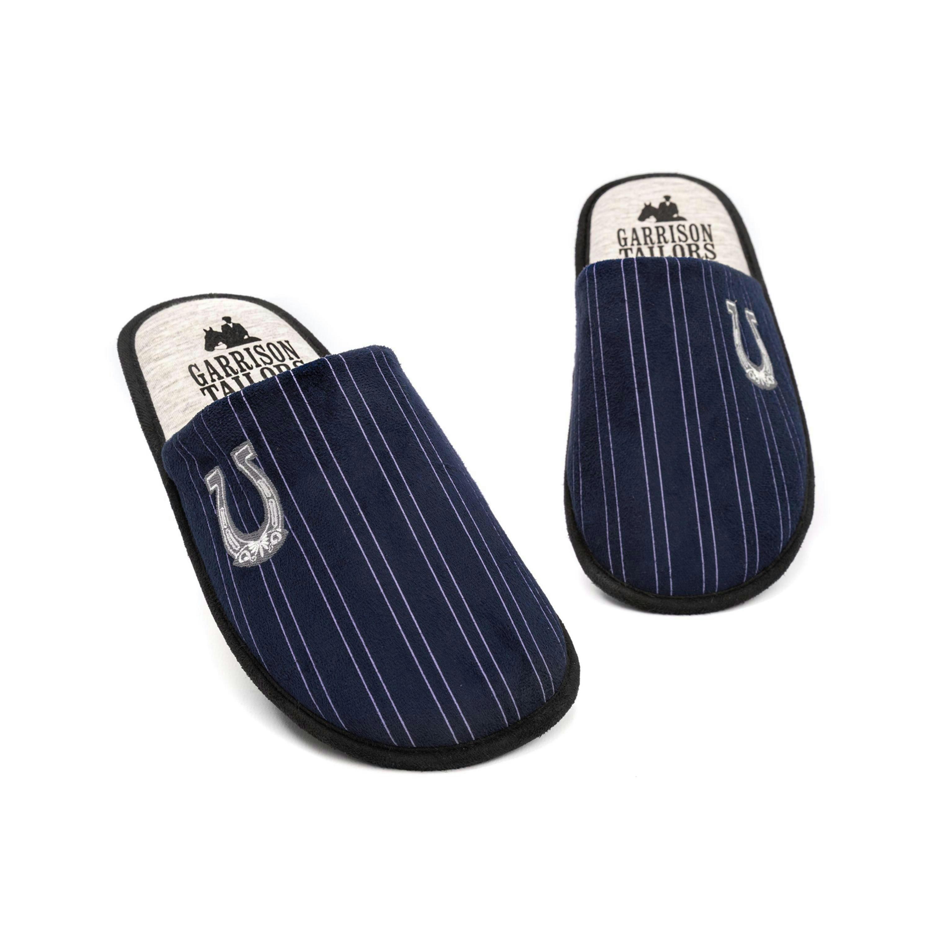Peaky Blinders Men's Slippers | Adults Garrison Tailor Navy Blue Soft Touch Slip On Loafers | House Shoes Merchandise Gift For Him By Vanilla Underground , view 1 of 1