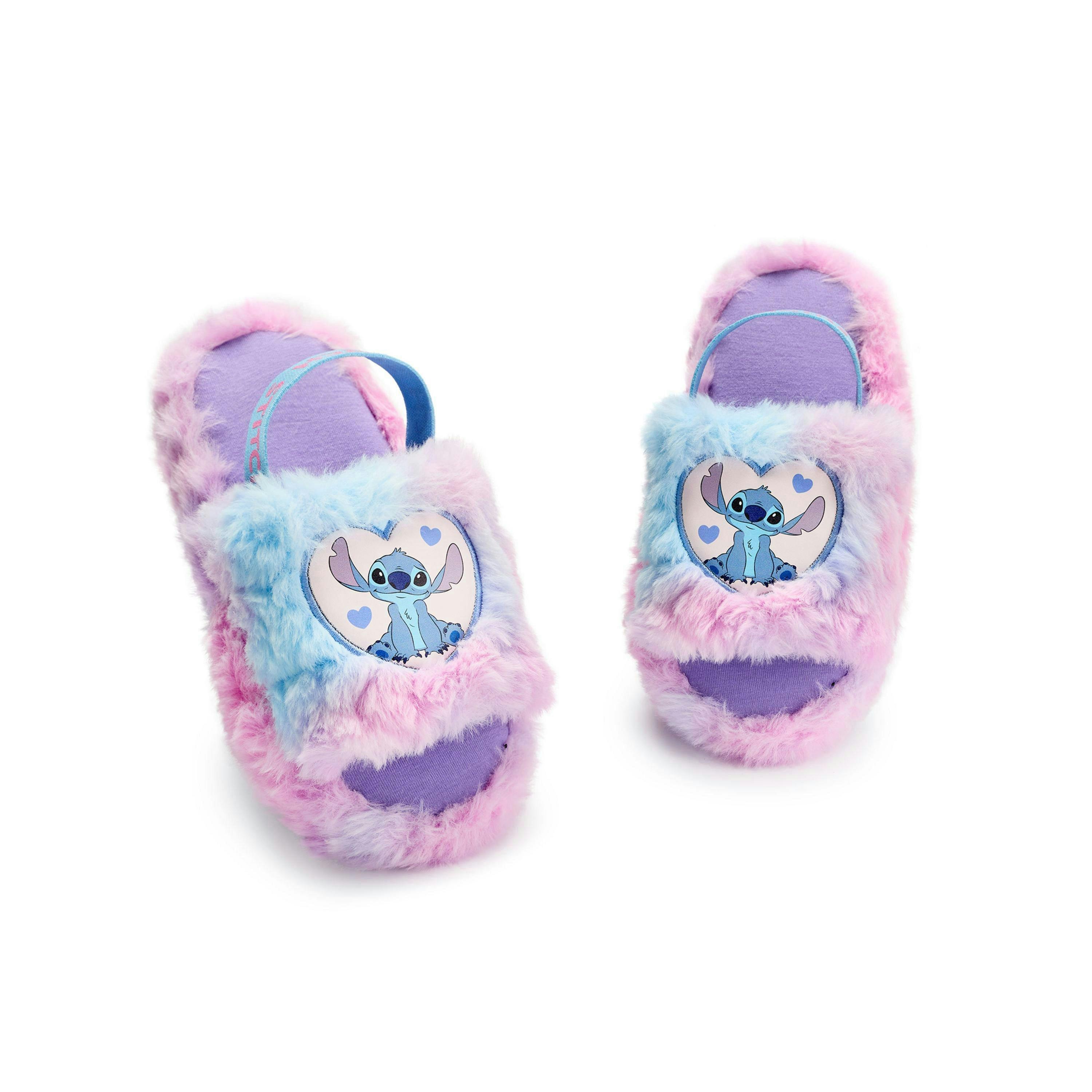 Disney Lilo & Stitch Girls Slippers | Kids Pink & Blue Stitch Heart Fur Slider | Elastic Heel Strap Slip On House Shoes | Movie Gift By Vanilla Underground , view 1 of 1