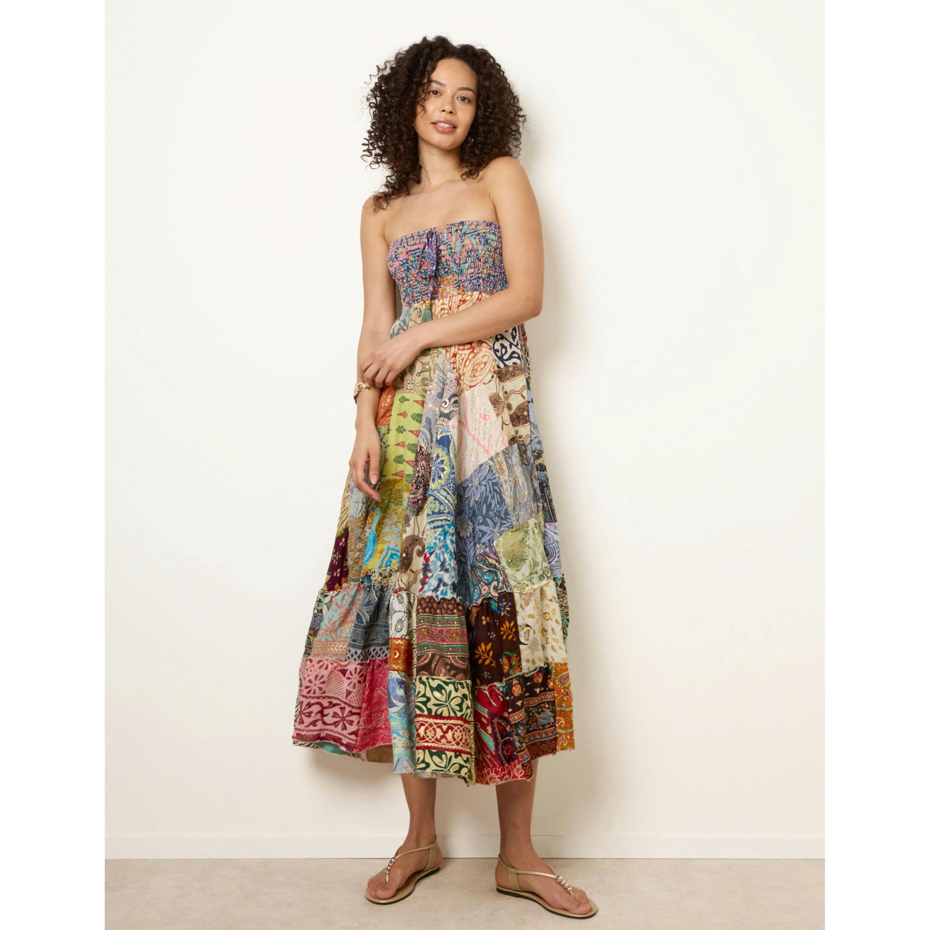 Blue Vanilla Shirred Patchwork Art Bandeau Dress  in Multicolour , view 1 of 4
