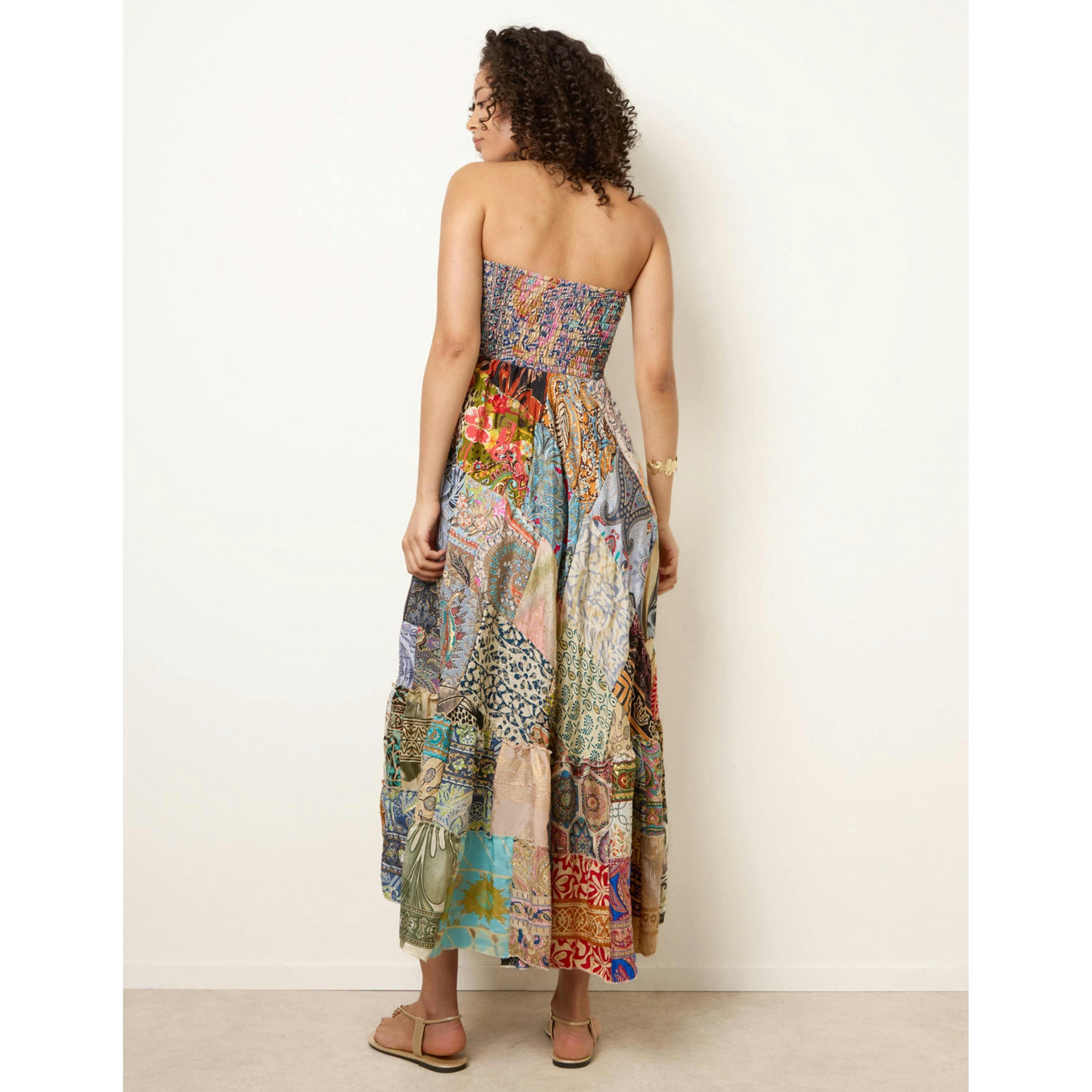 Blue Vanilla Shirred Patchwork Art Bandeau Dress  in Multicolour , view 2 of 4