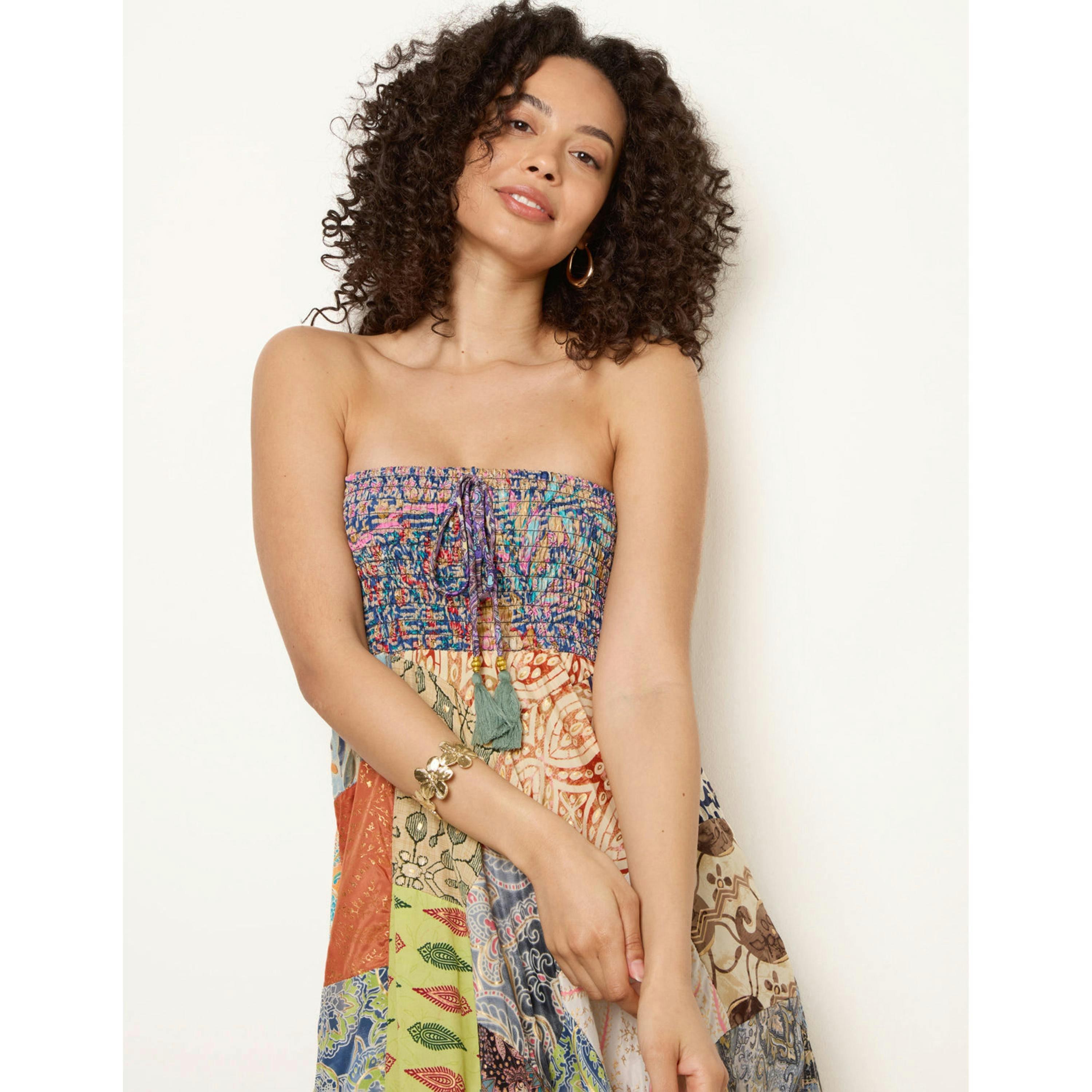Blue Vanilla Shirred Patchwork Art Bandeau Dress  in Multicolour , view 3 of 4