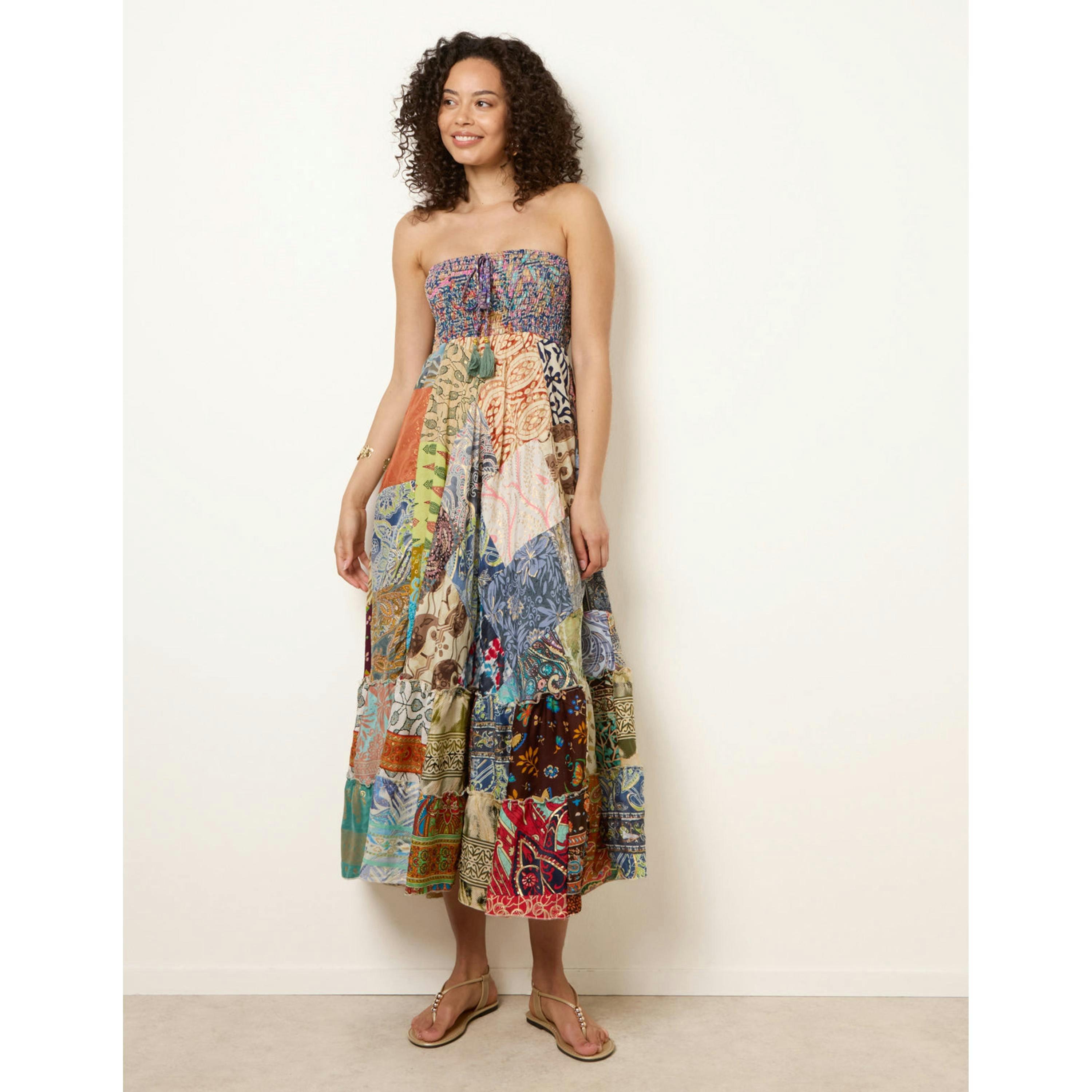 Blue Vanilla Shirred Patchwork Art Bandeau Dress  in Multicolour , view 4 of 4