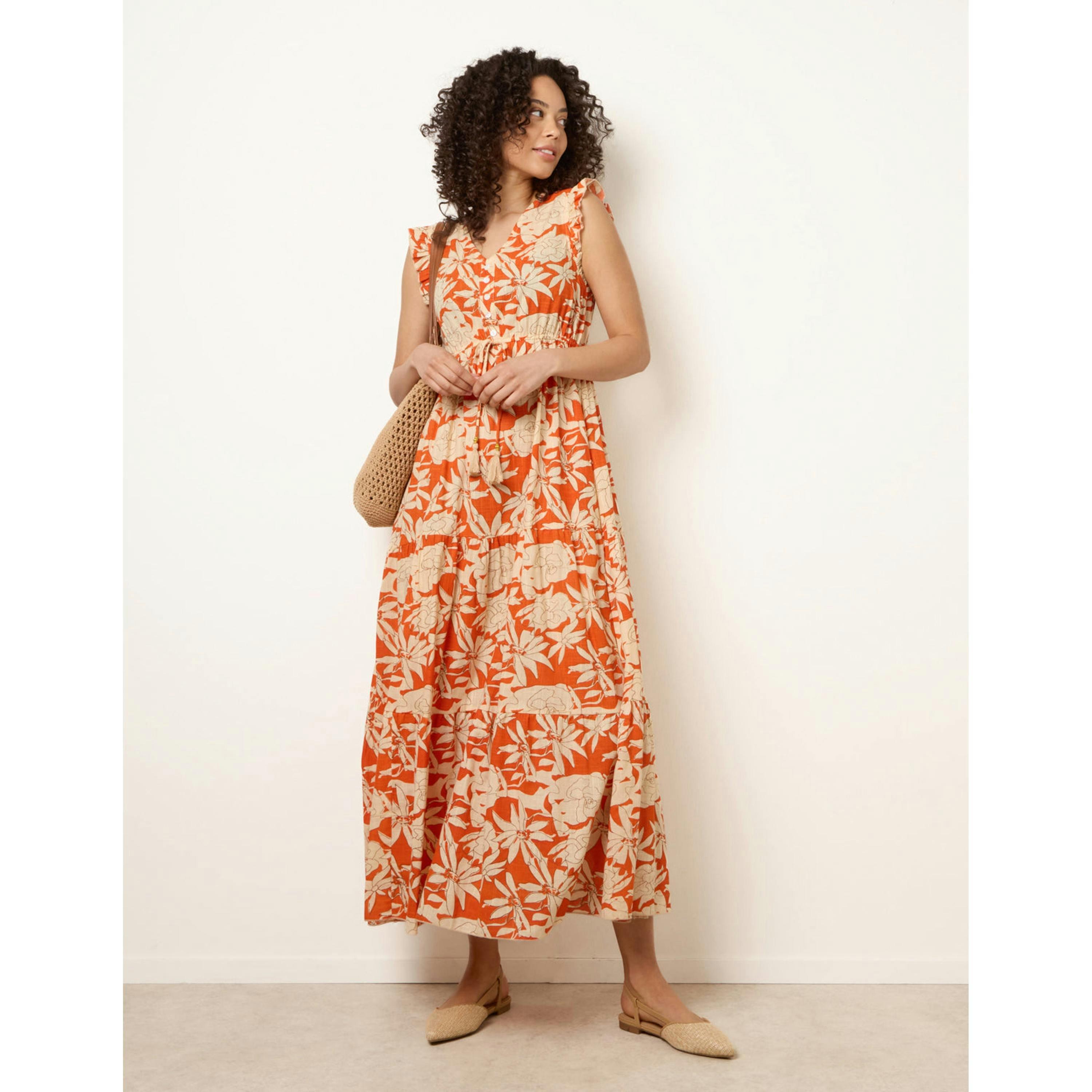 Blue Vanilla Button Frill Sleeve Dress  in Orange , view 1 of 4