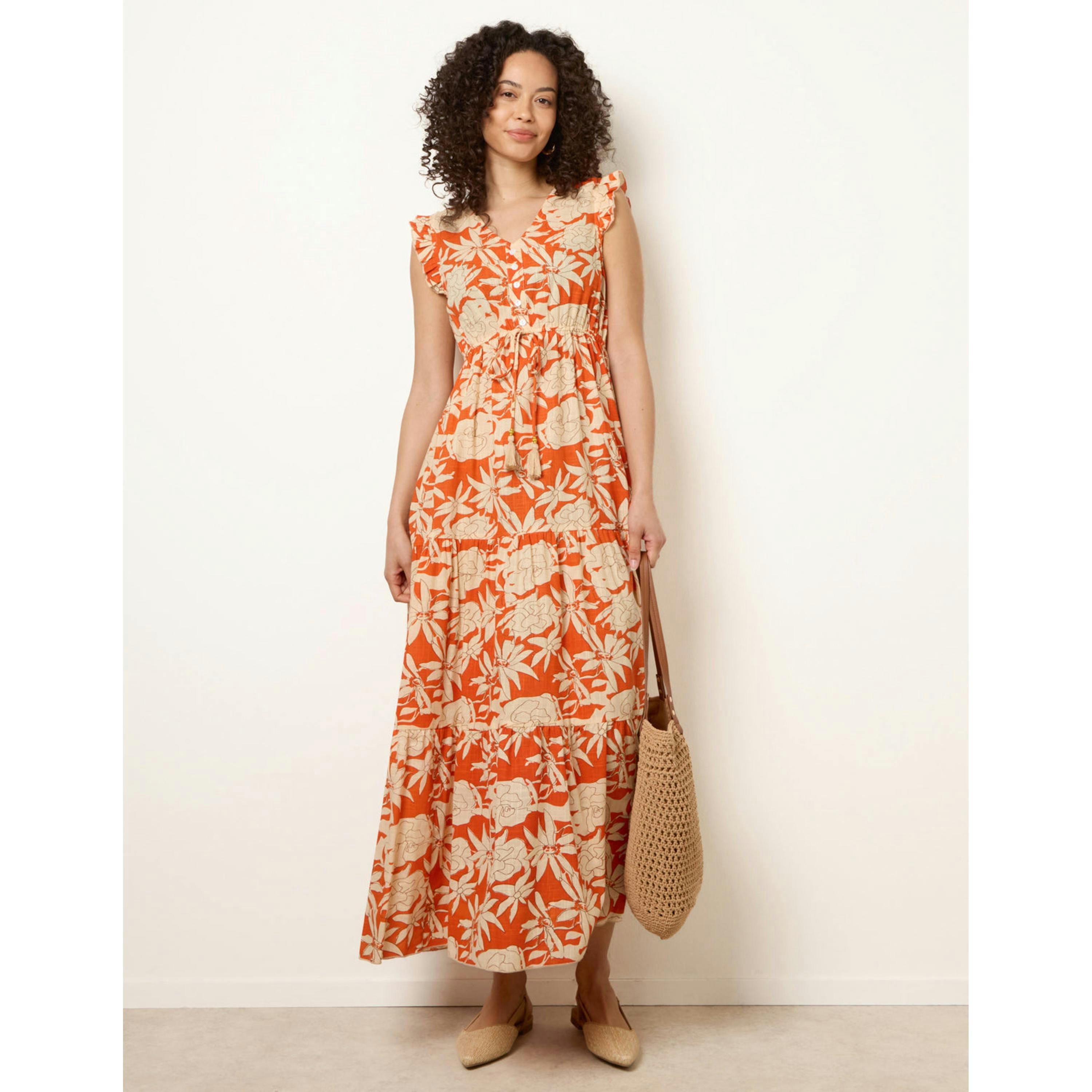Blue Vanilla Button Frill Sleeve Dress  in Orange , view 3 of 4